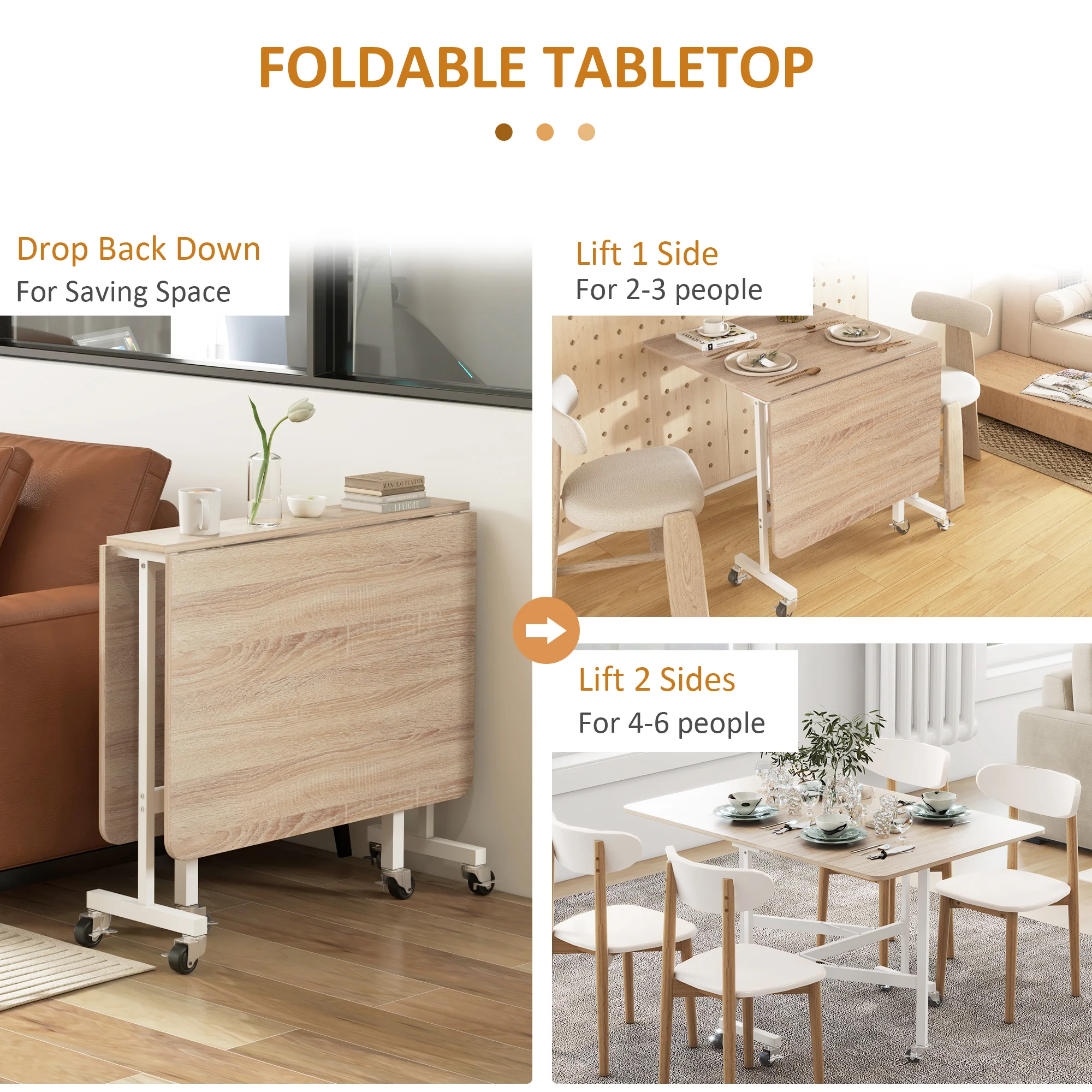 HOMCOM Drop Leaf Table With Wheels Folding Dining Table For Small Spaces, Nature - Image 4