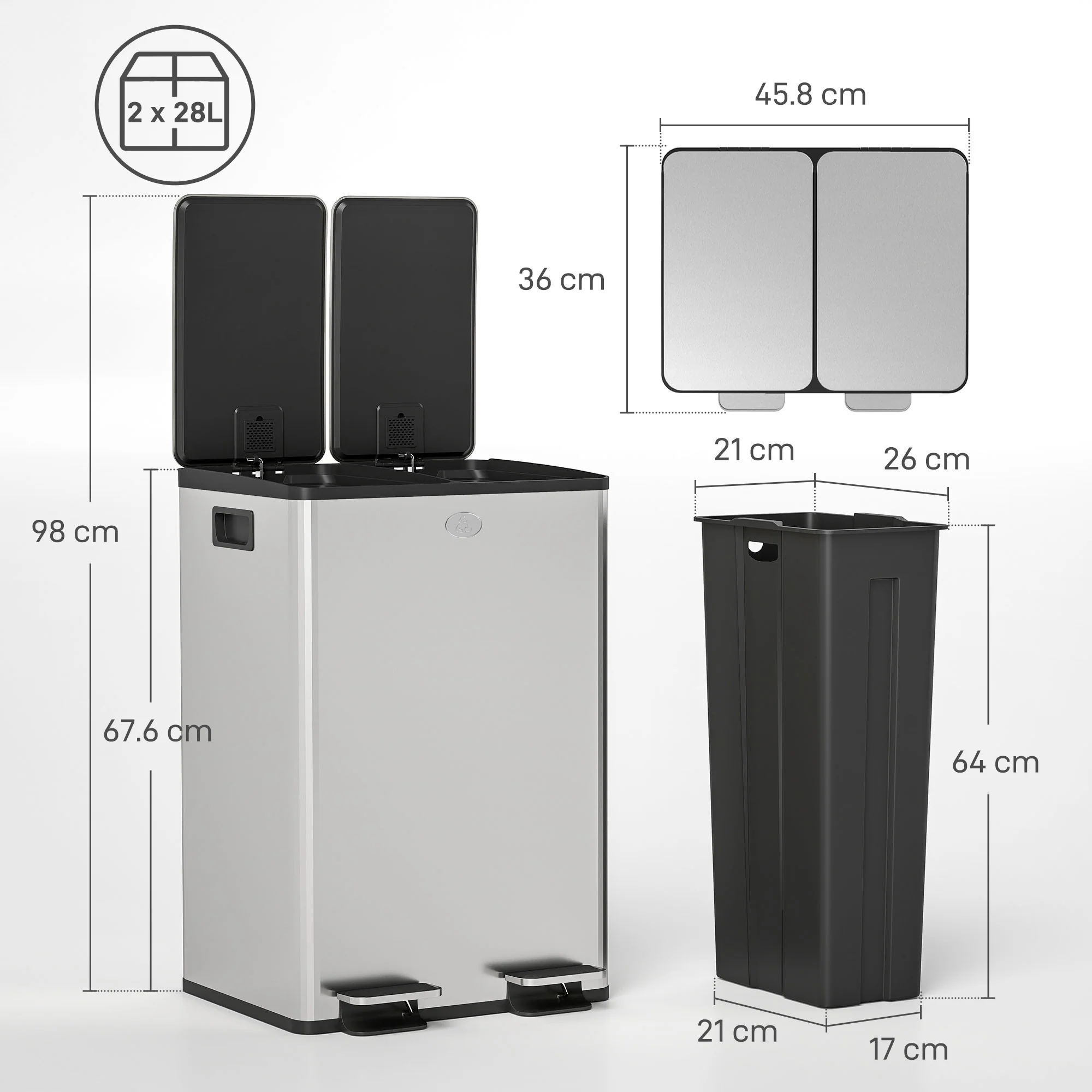 HOMCOM Dual Kitchen Bin Pedal Bin for Recycling and Waste, Silver Tone - Image 14