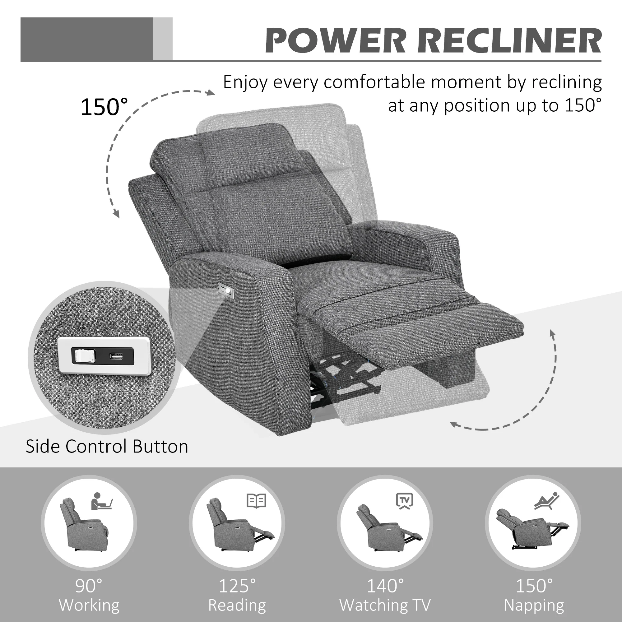 HOMCOM Electric Armchair, Fabric Recliner Chair With USB Port, Charcoal Grey - Image 3