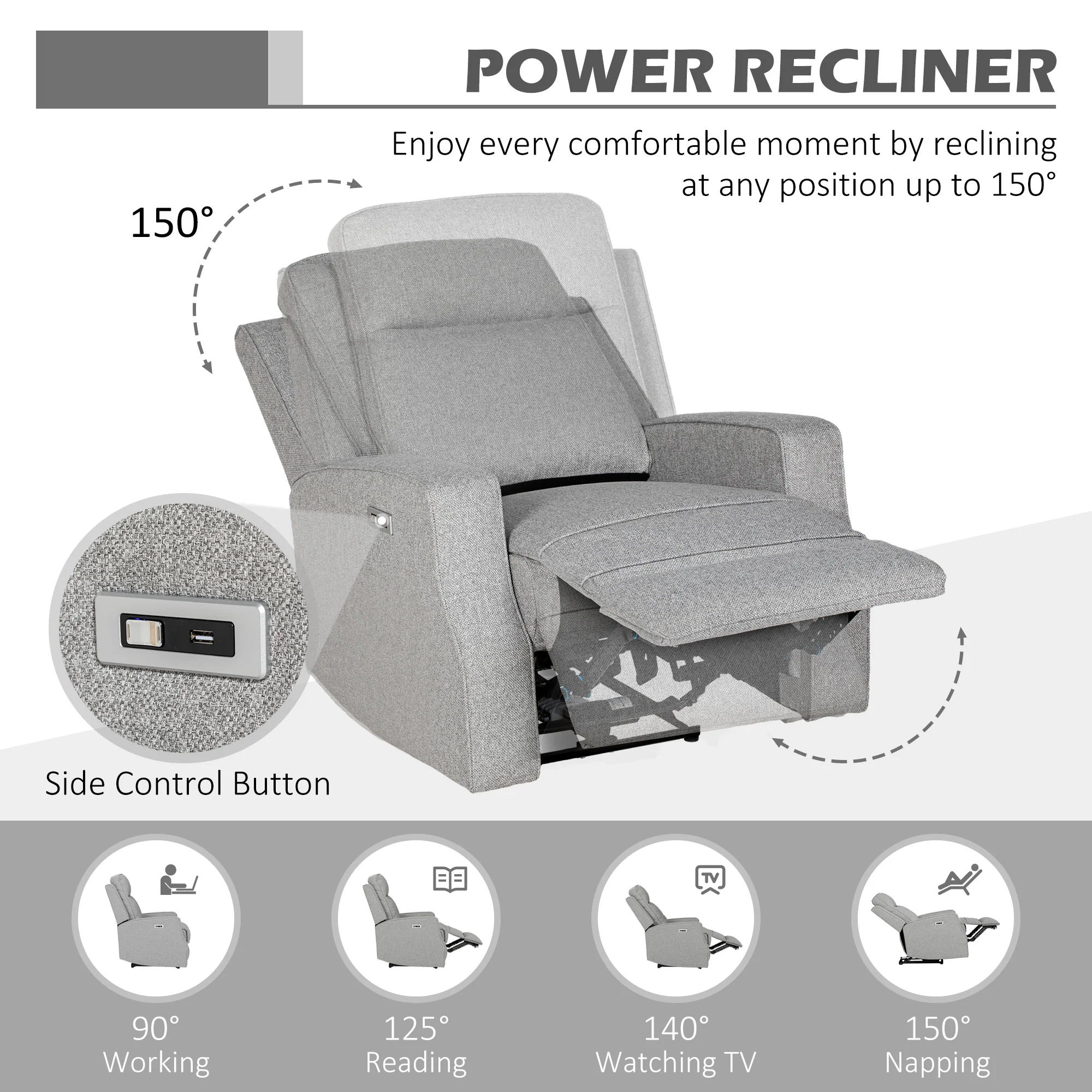 HOMCOM Electric Armchair, Fabric Recliner Chair with USB Port, Grey - Image 3