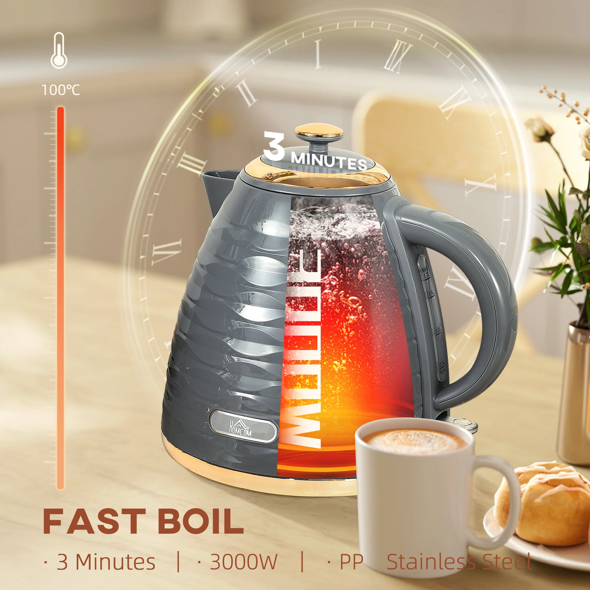 HOMCOM Electric Kettle, Fast Boil, 1.7L, 3kW, Swivel, Ripple - Image 21