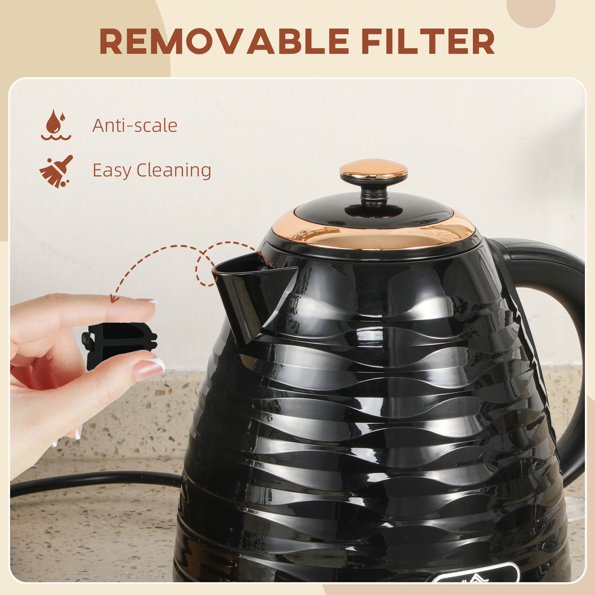 HOMCOM Electric Kettle, Fast Boil, 1.7L, 3kW, Swivel, Ripple - Image 7