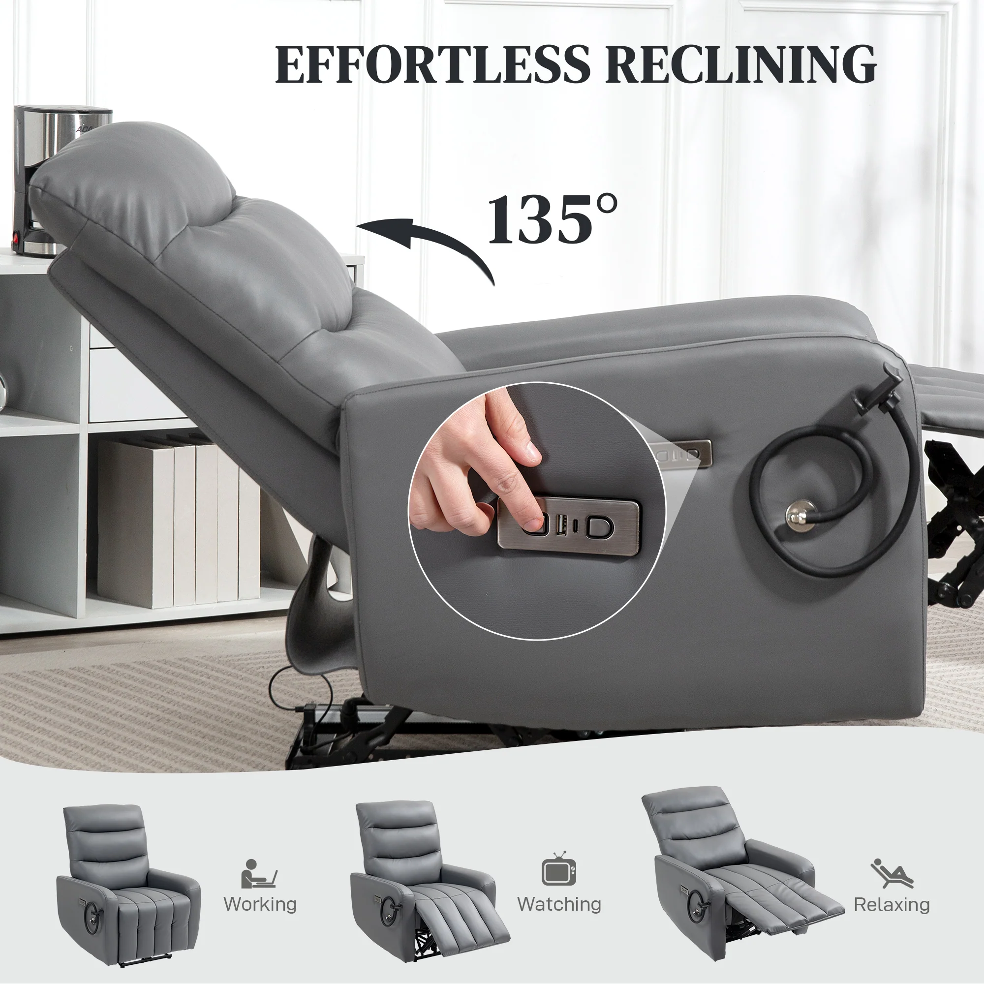 HOMCOM Electric Recliner Chair with Phone Holder, USB Charge Port, Grey - Image 3