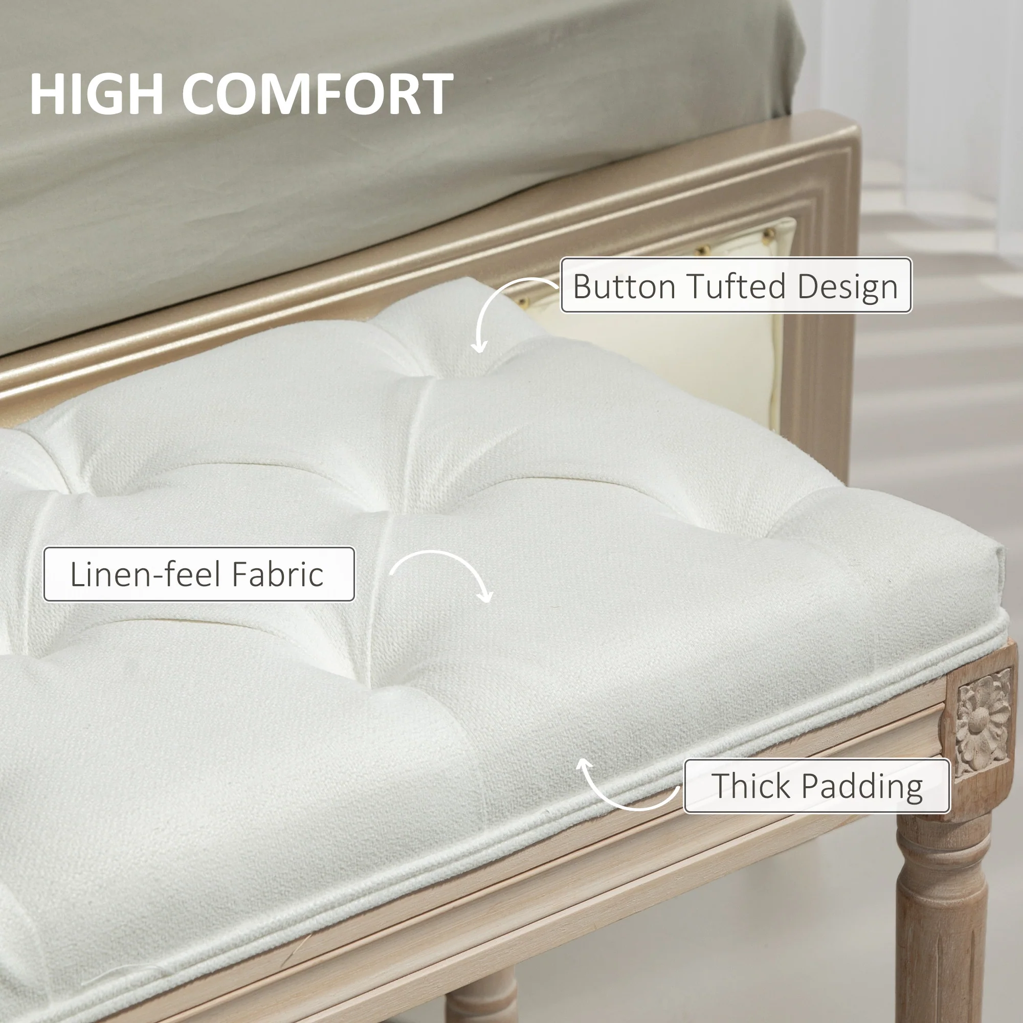 HOMCOM End Of Bed Bench, Upholstered Bedroom Bench, Cream White - Image 3