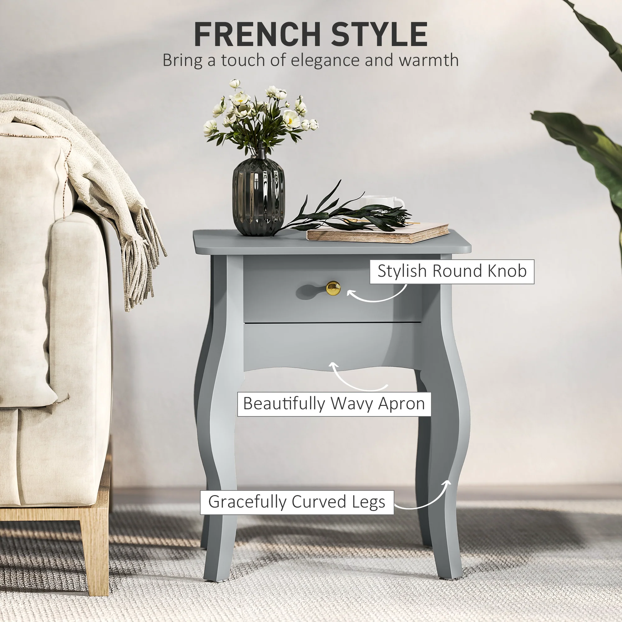HOMCOM End Table French Style Small Table With Drawer And Curved Legs, Grey - Image 3
