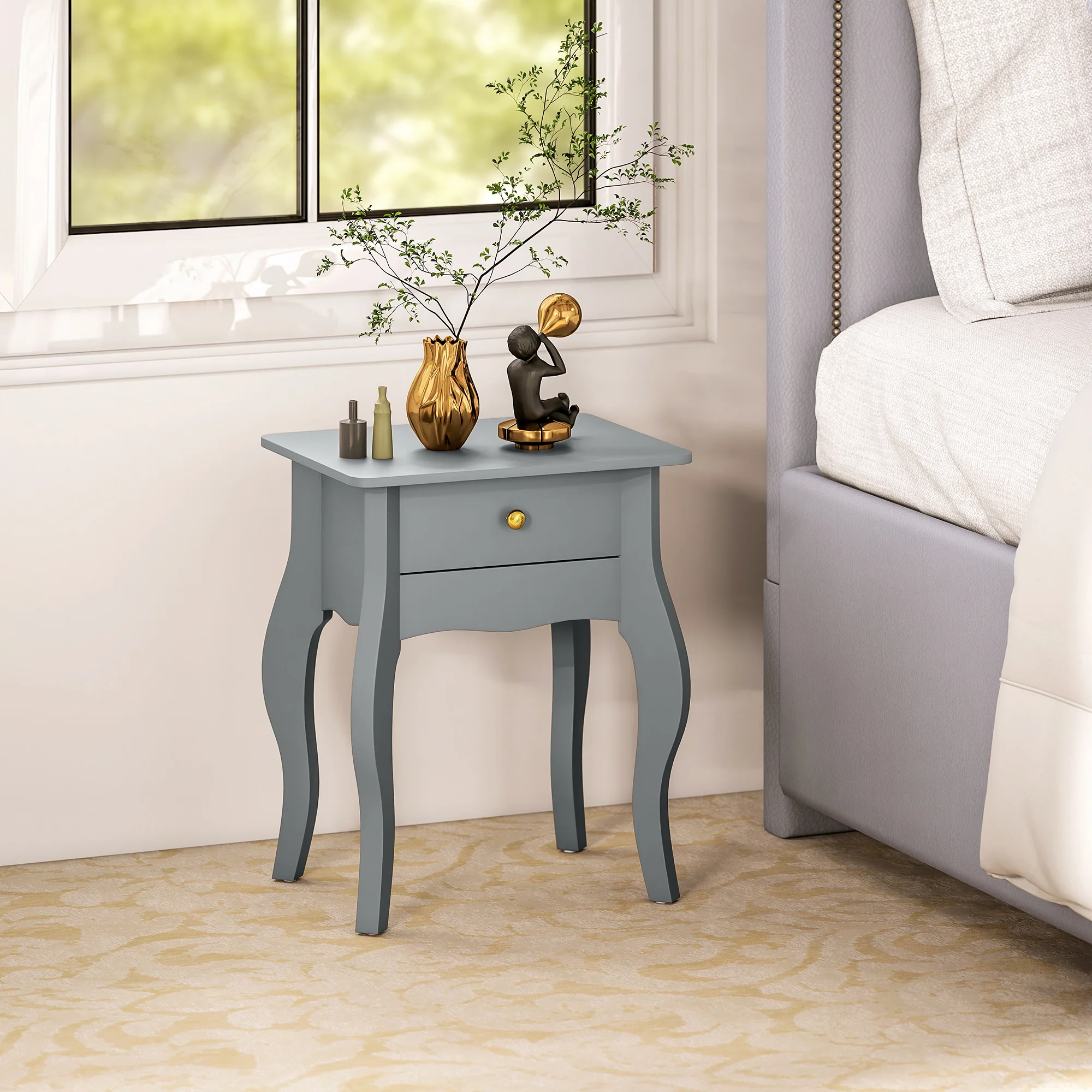 HOMCOM End Table French Style Small Table With Drawer And Curved Legs, Grey - Image 8