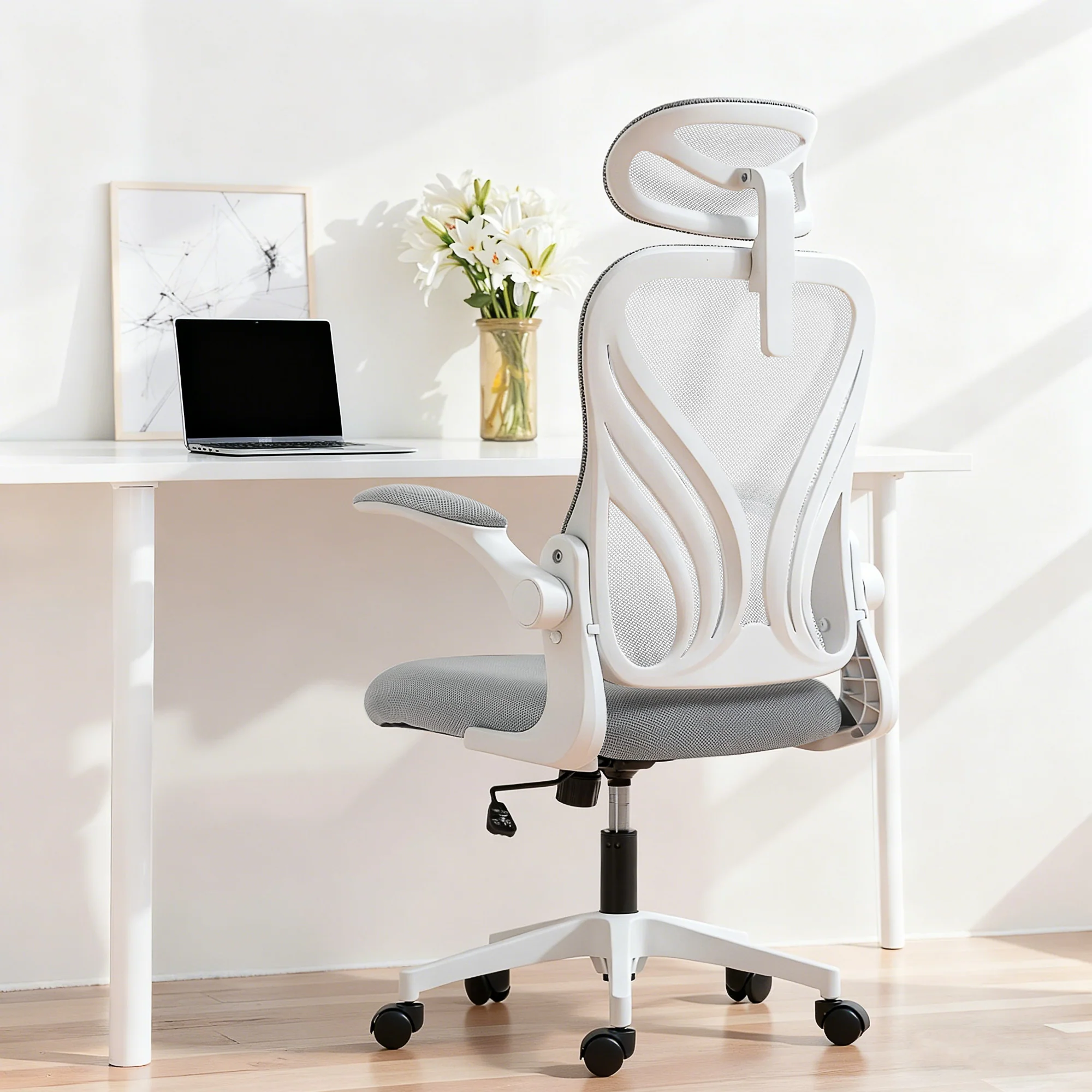 HOMCOM Ergonomic Office Chair, Computer Chair with Foldable Backrest, Grey - Image 2
