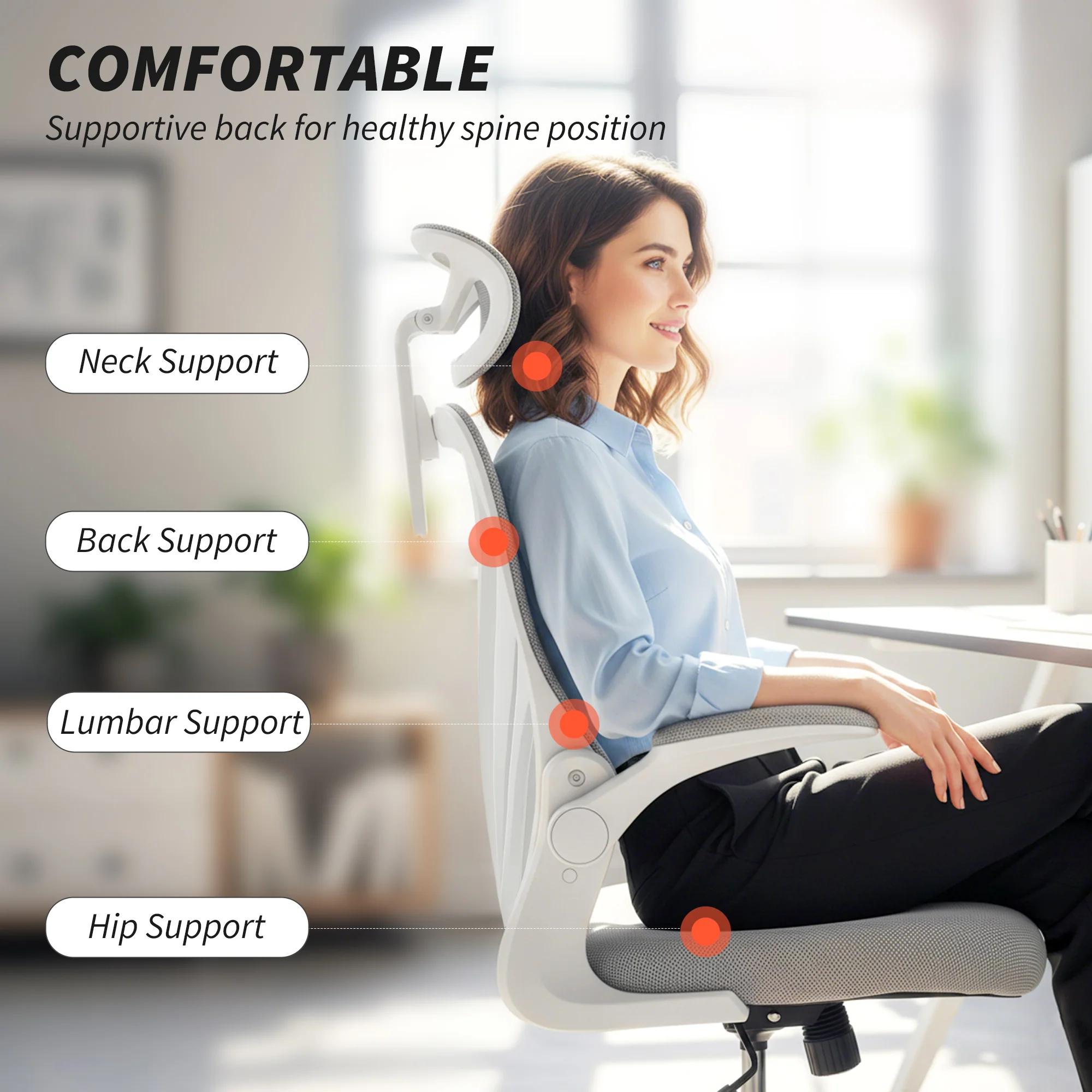 HOMCOM Ergonomic Office Chair, Computer Chair with Foldable Backrest, Grey - Image 3
