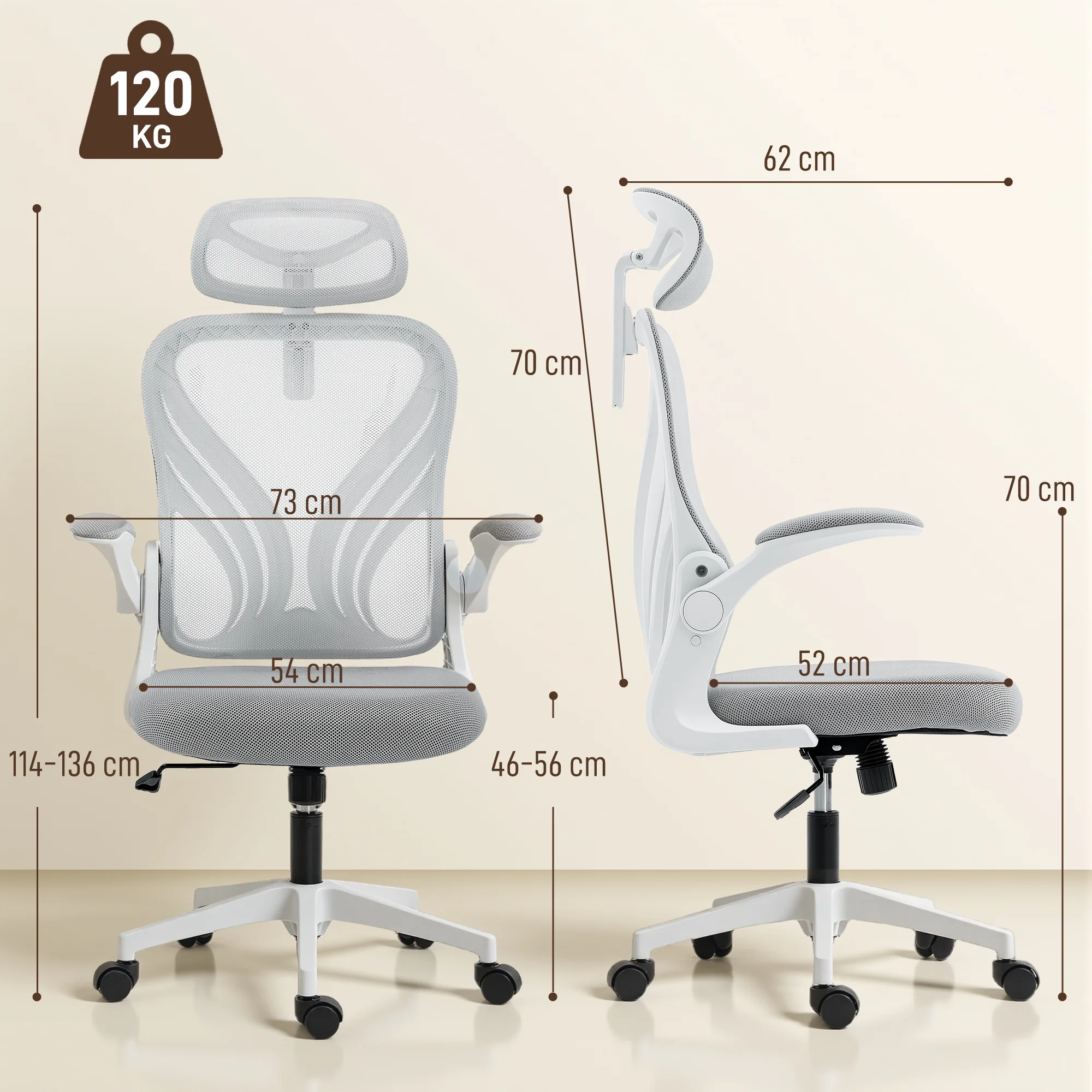 HOMCOM Ergonomic Office Chair, Computer Chair with Foldable Backrest, Grey - Image 5