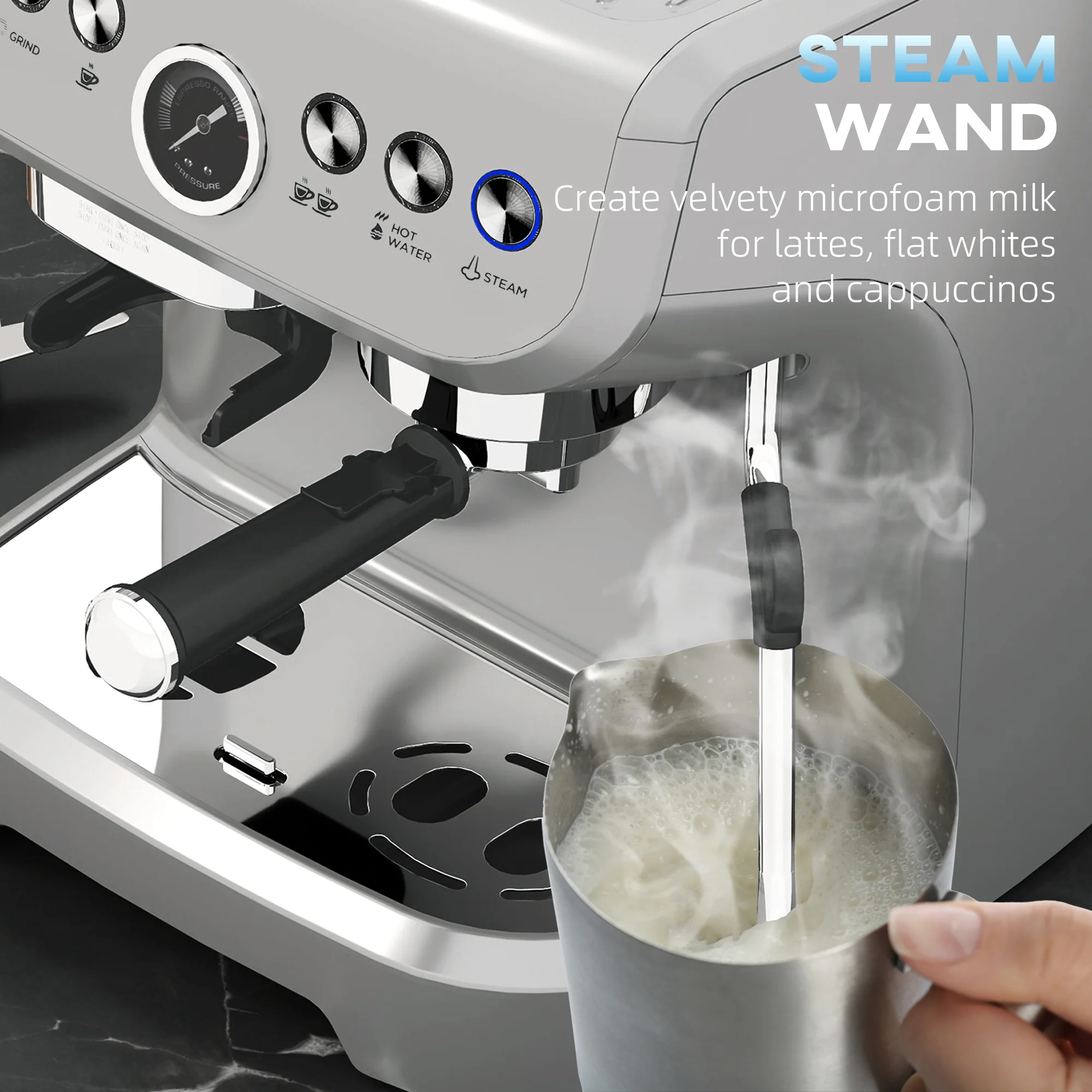 HOMCOM Espresso Machine, Bean Grinder & Steam Wand, 15 Bar Pressure, Silver. - Image 4