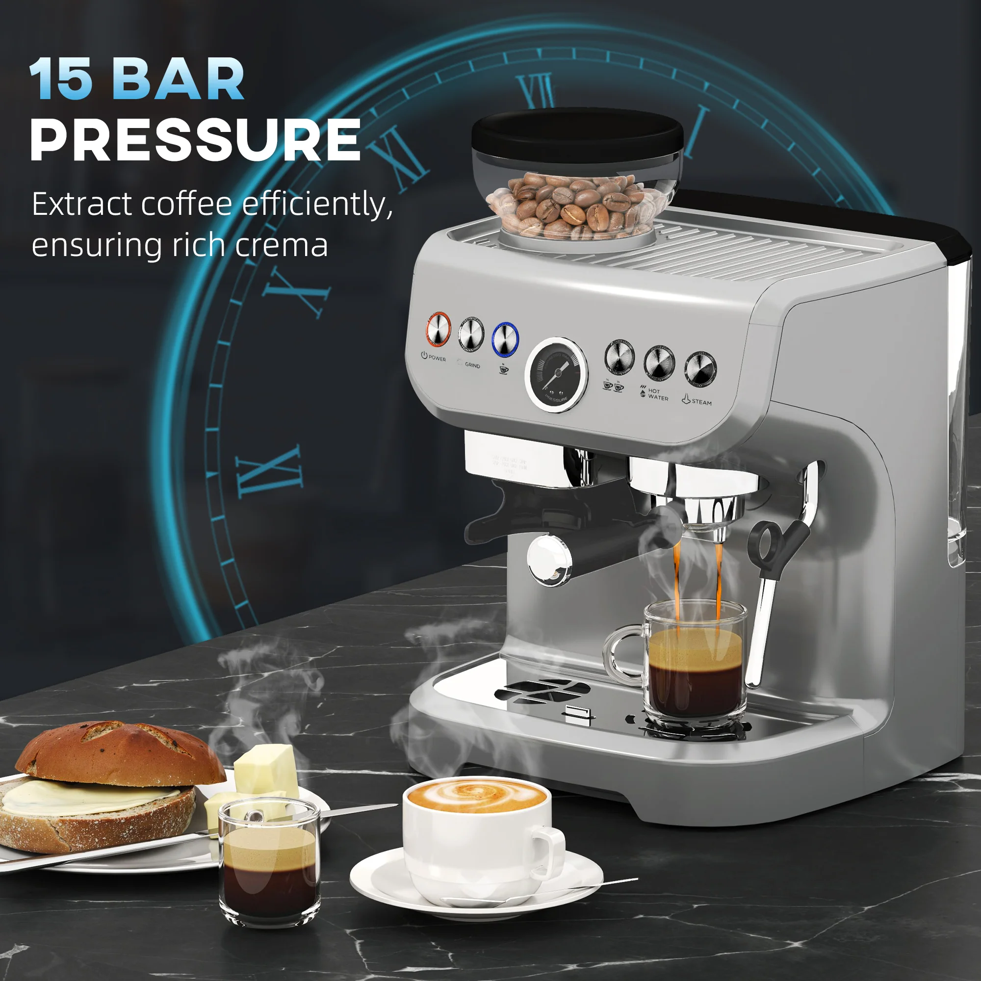 HOMCOM Espresso Machine, Bean Grinder & Steam Wand, 15 Bar Pressure, Silver. - Image 6