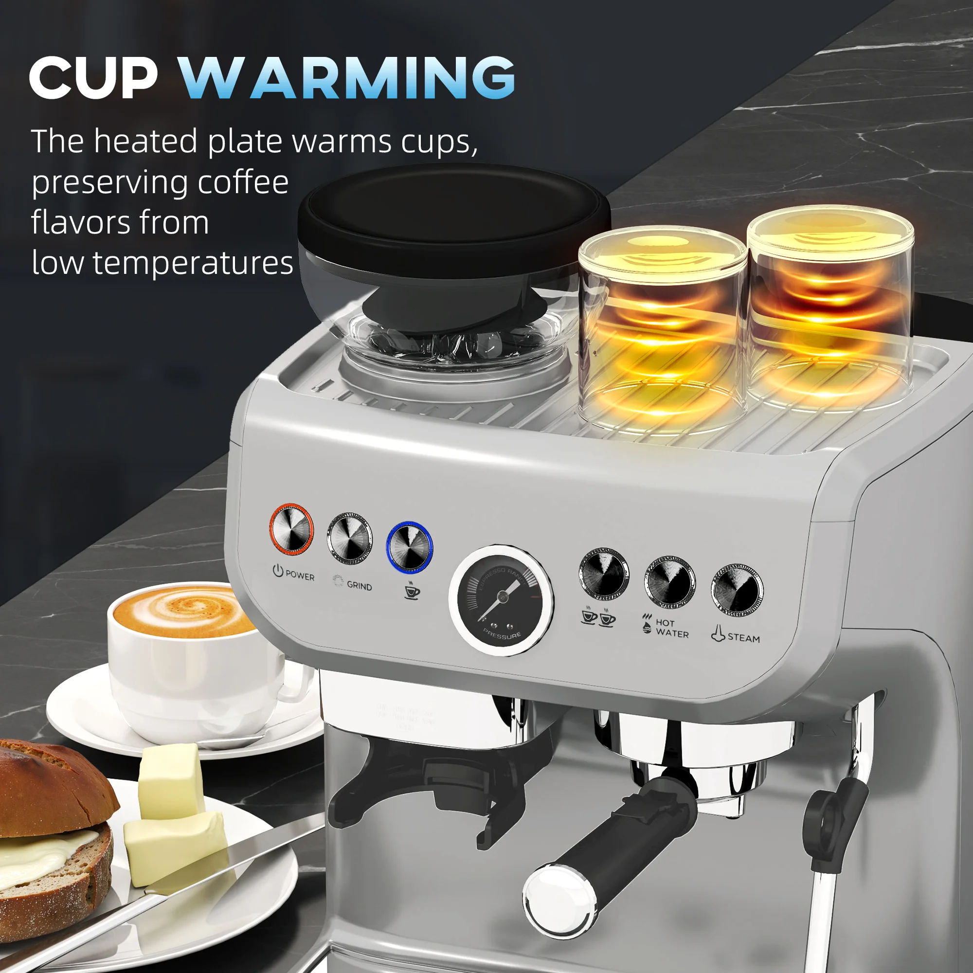 HOMCOM Espresso Machine, Bean Grinder & Steam Wand, 15 Bar Pressure, Silver. - Image 8