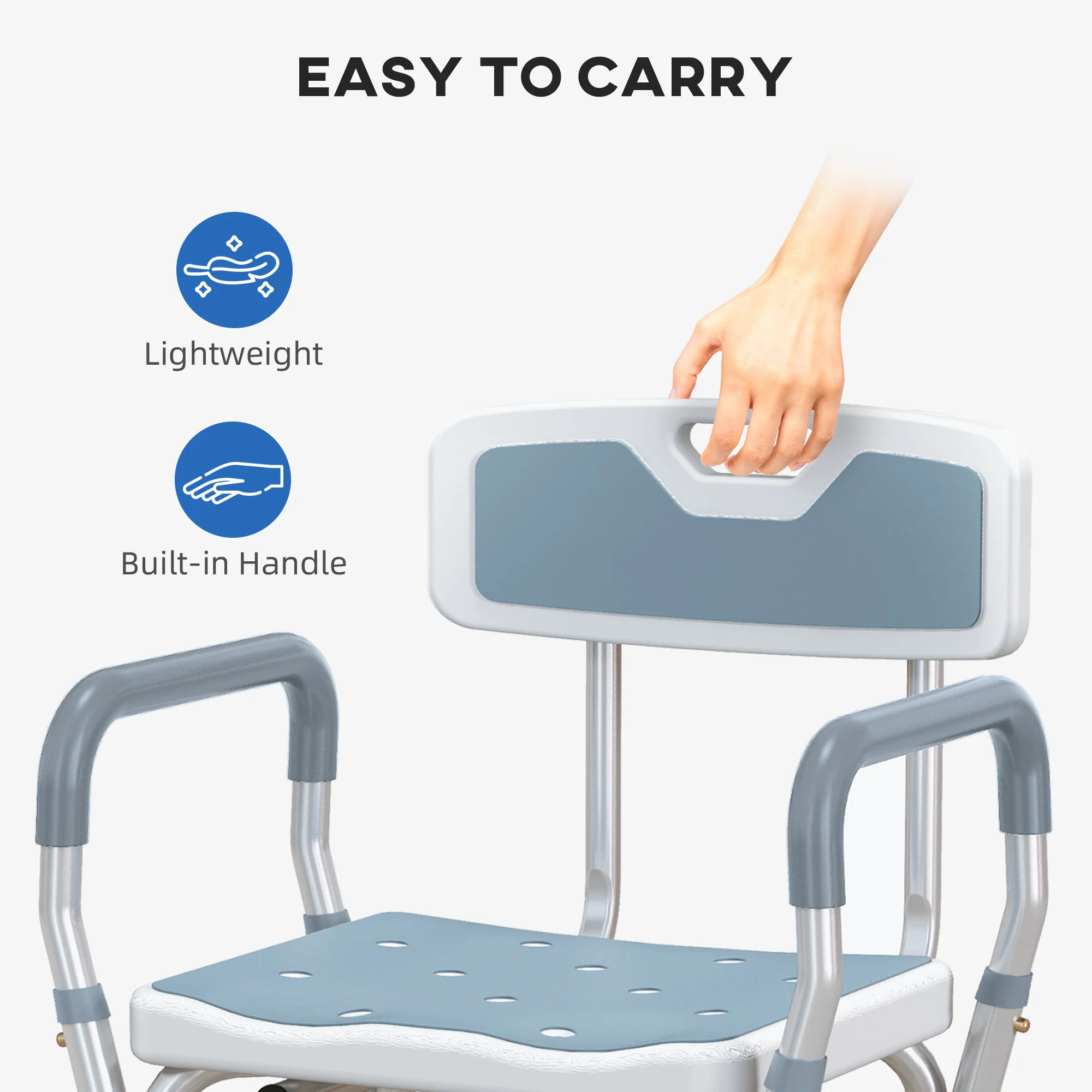HOMCOM EVA Padded Shower Stool With Back And Arms 4 Suction Foot Pads Blue - Image 8