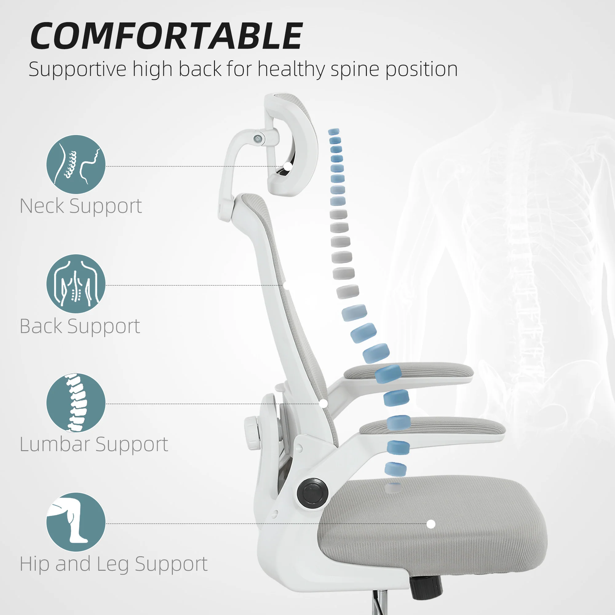 HOMCOM Executive Mesh Office Chair with Headrest, Lumbar Support, Grey - Image 12