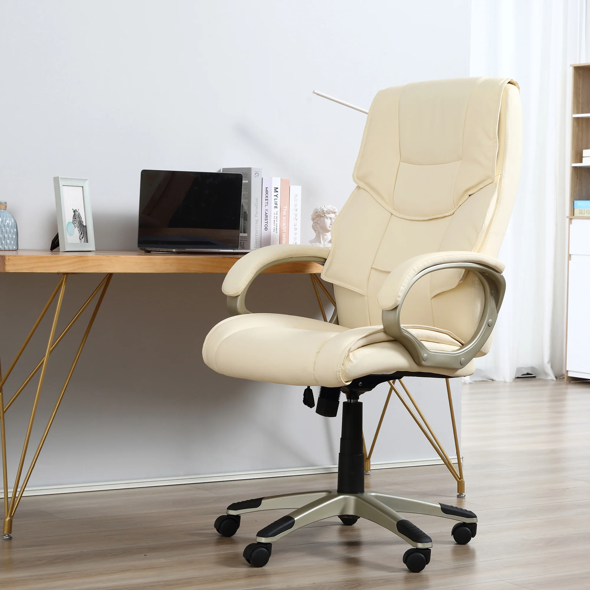 HOMCOM Executive Office Chair Faux Leather Computer Desk Chair w/ Wheel White - Image 2