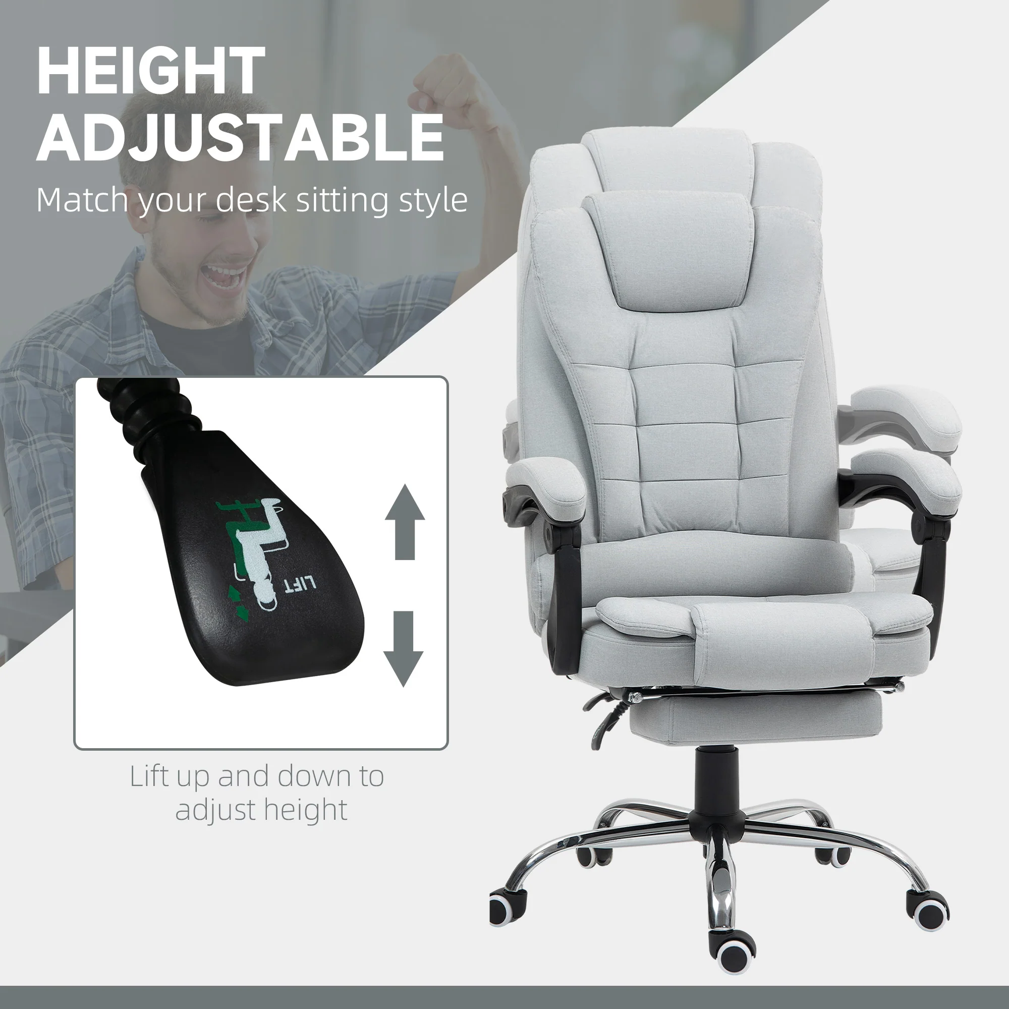HOMCOM Executive Office Chair Swivel Chair With Footrest Light Grey - Image 3