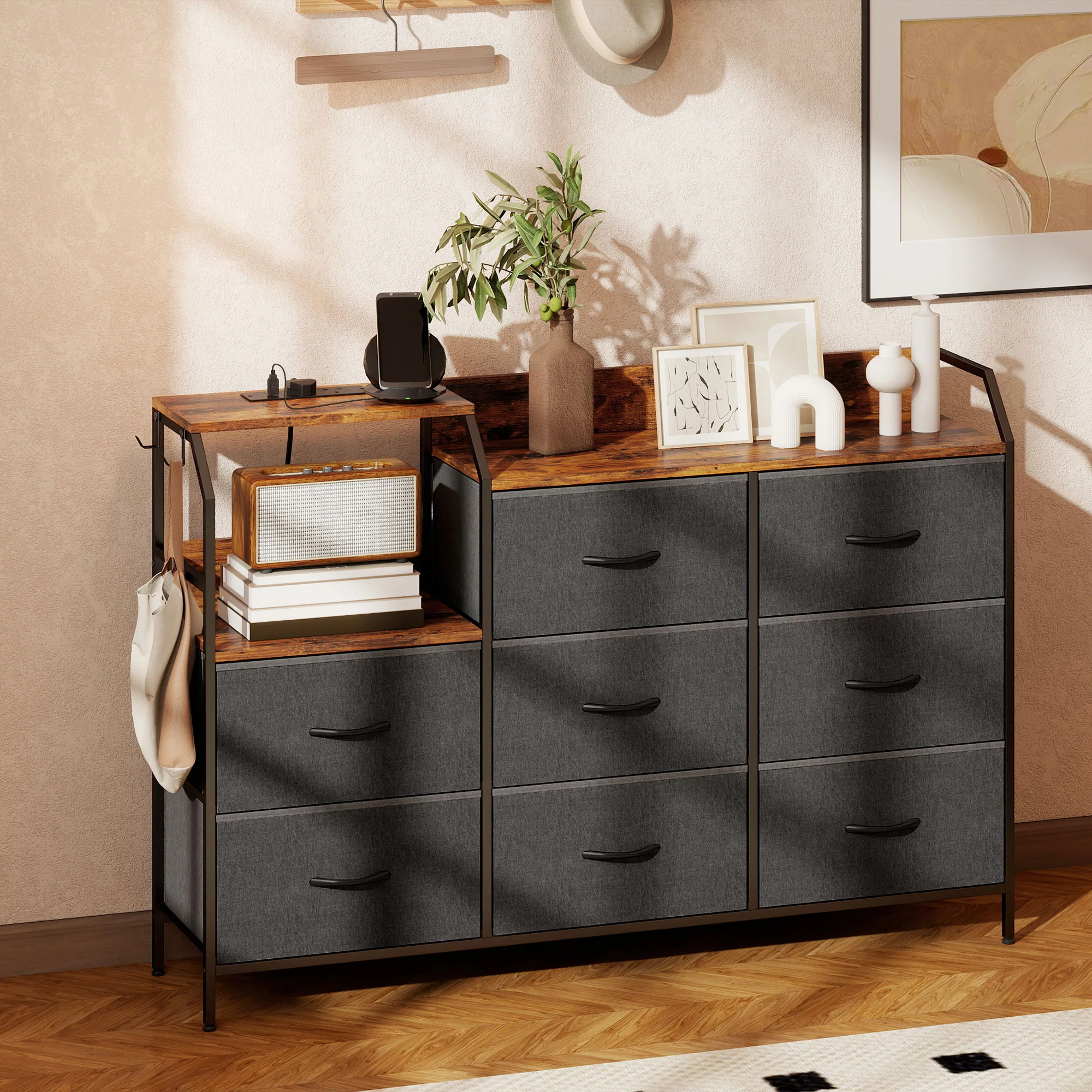 HOMCOM Fabric Chest Of Drawers W/ Charging Station For Bedroom Rustic Brown - Image 2