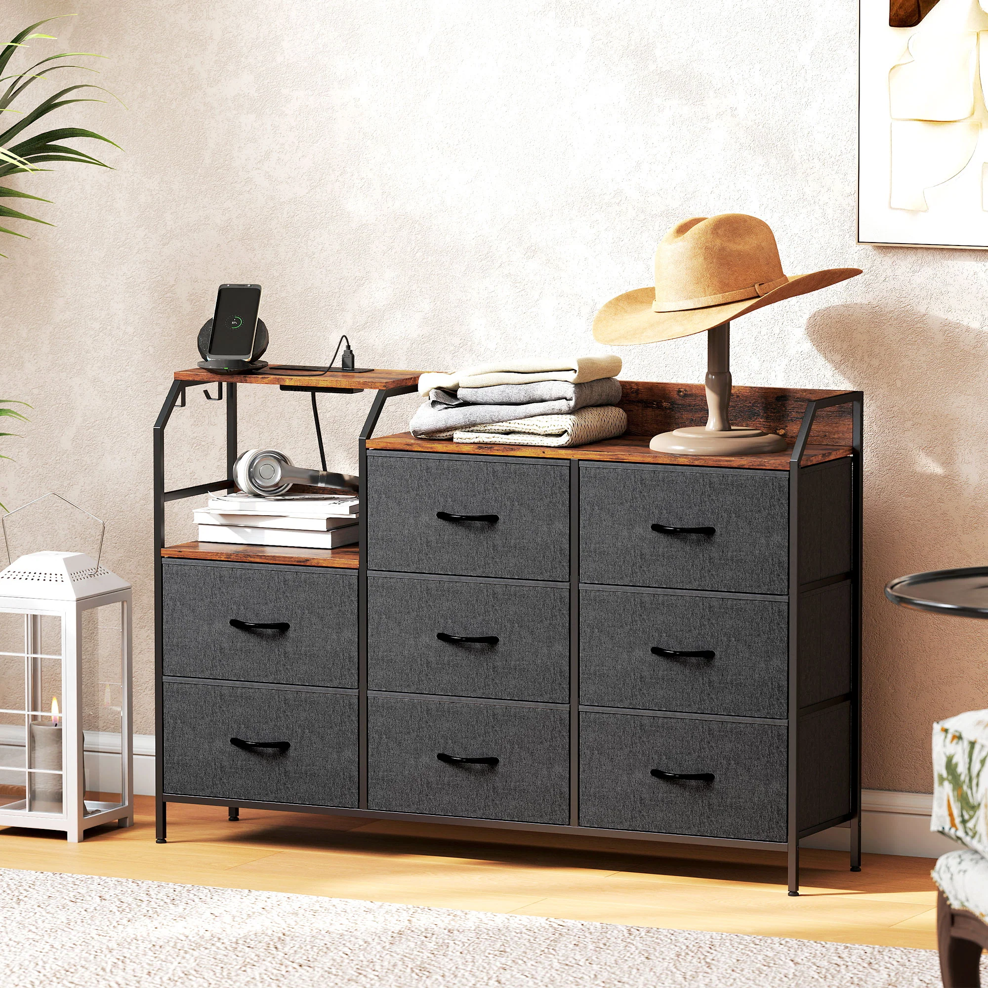 HOMCOM Fabric Chest Of Drawers W/ Charging Station For Bedroom Rustic Brown - Image 8