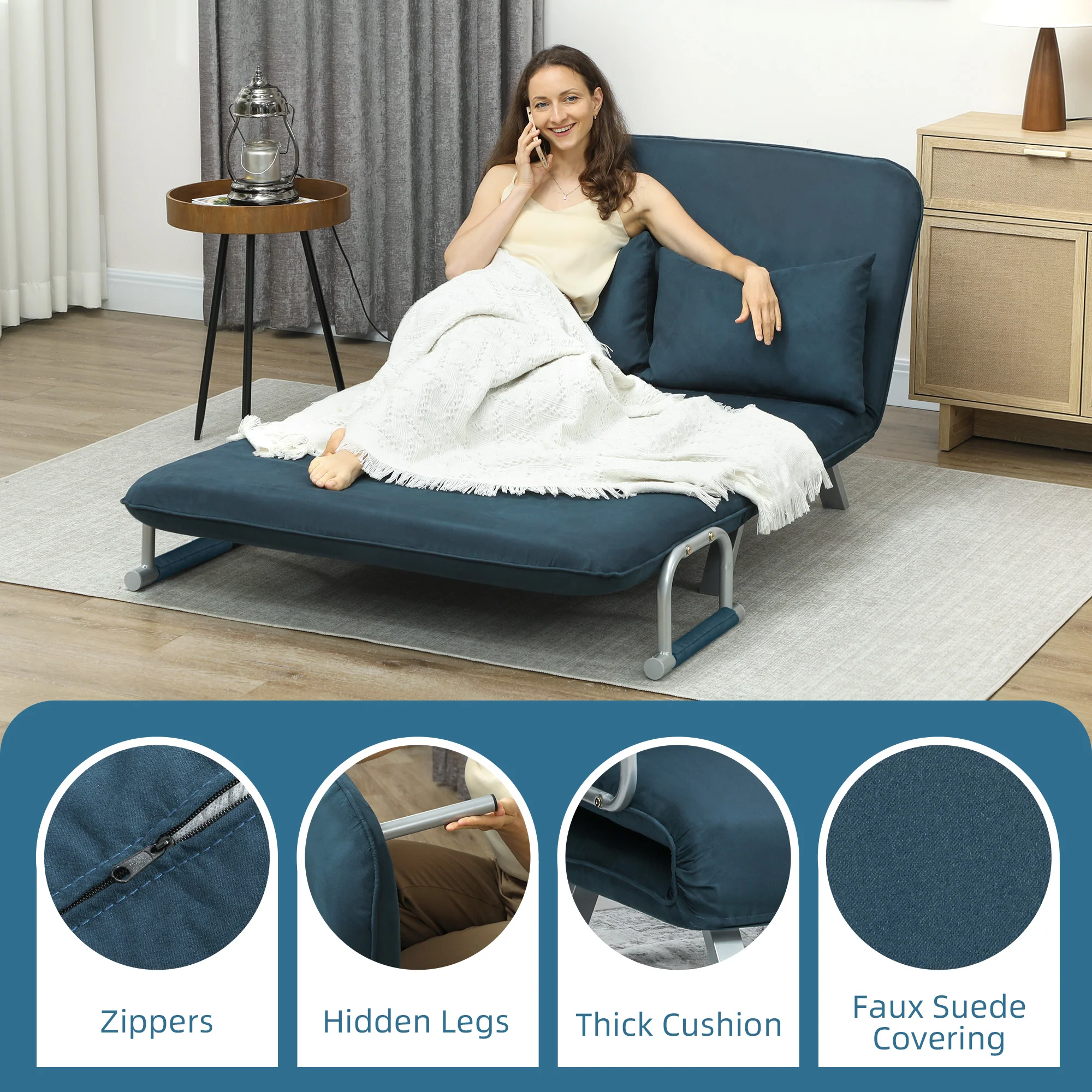 HOMCOM Fabric Convertible 2 Seater Sofa Bed W/ 2 Pillows - Image 15