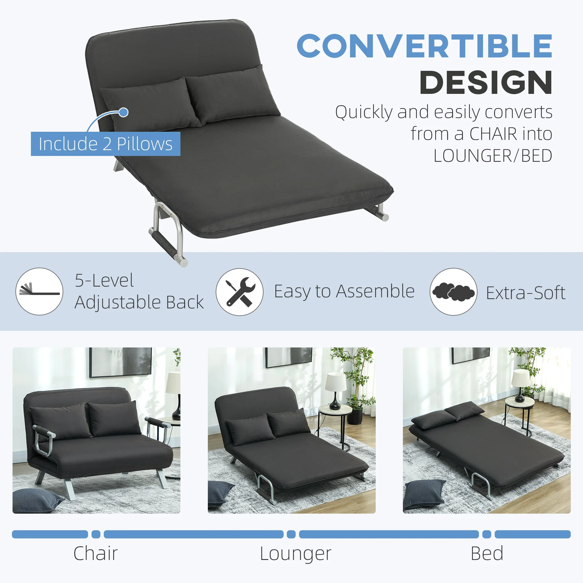 HOMCOM Fabric Convertible 2 Seater Sofa Bed W/ 2 Pillows - Image 3