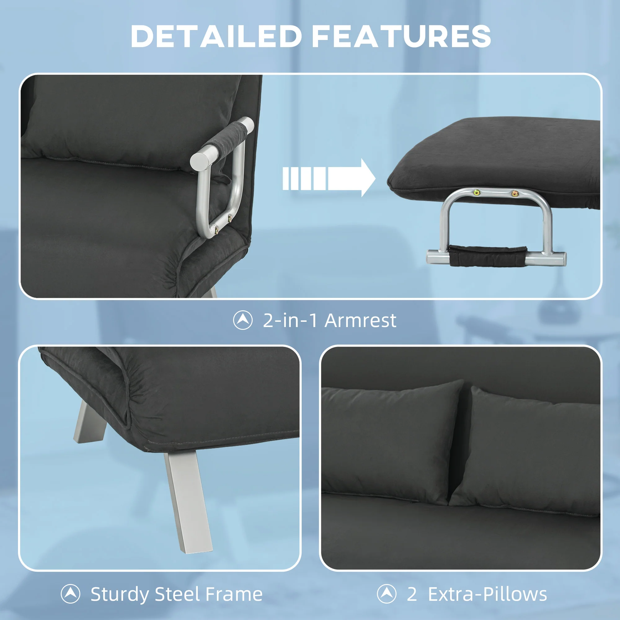 HOMCOM Fabric Convertible 2 Seater Sofa Bed W/ 2 Pillows - Image 4