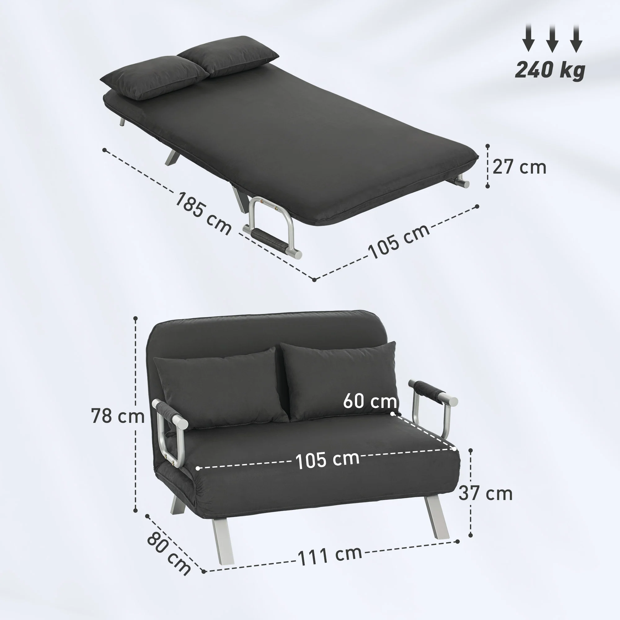 HOMCOM Fabric Convertible 2 Seater Sofa Bed W/ 2 Pillows - Image 5
