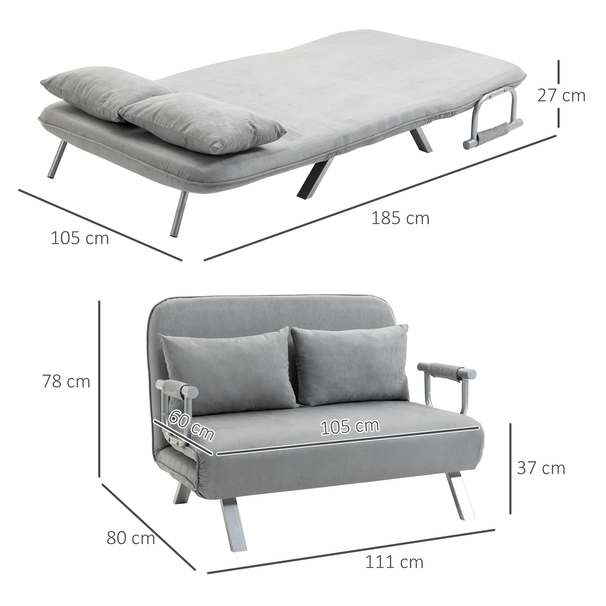 HOMCOM Fabric Convertible 2 Seater Sofa Bed W/ 2 Pillows, Light Grey - Image 15