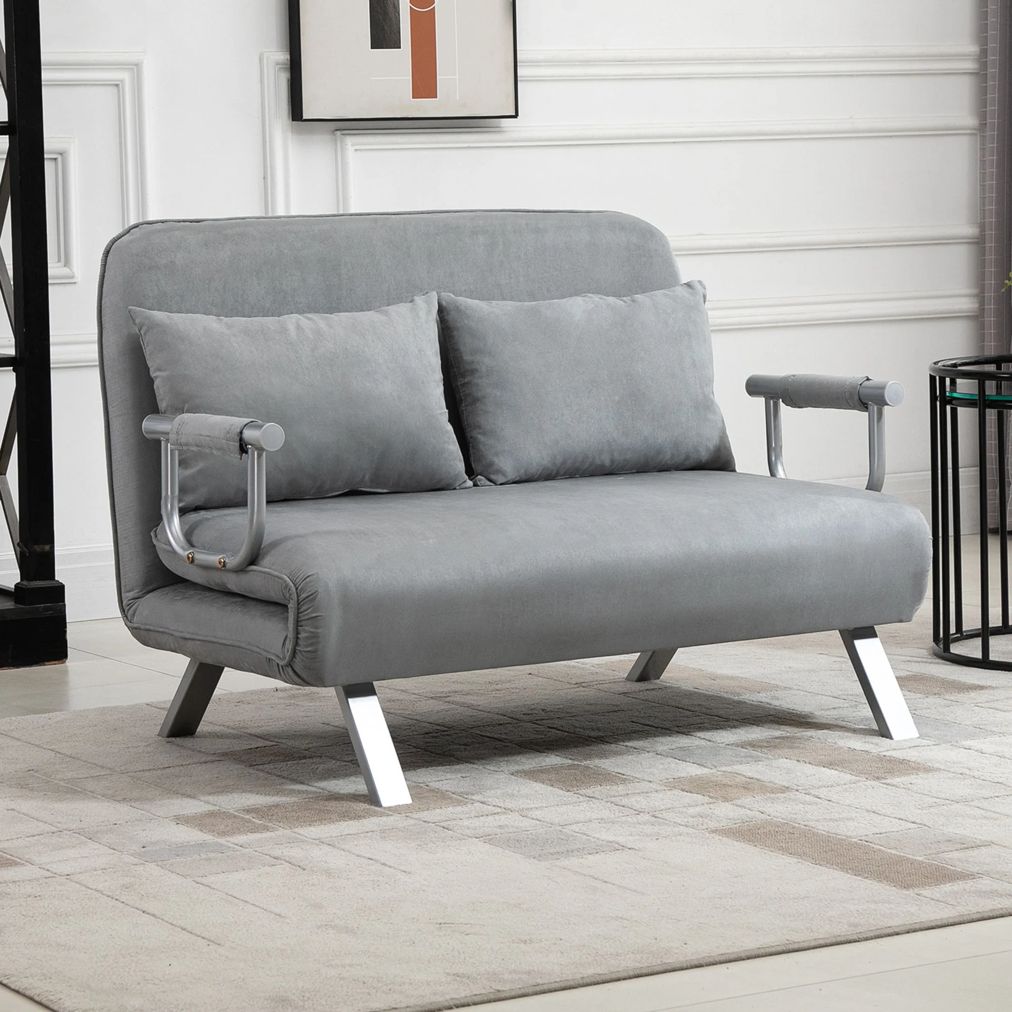 HOMCOM Fabric Convertible 2 Seater Sofa Bed W/ 2 Pillows, Light Grey - Image 3