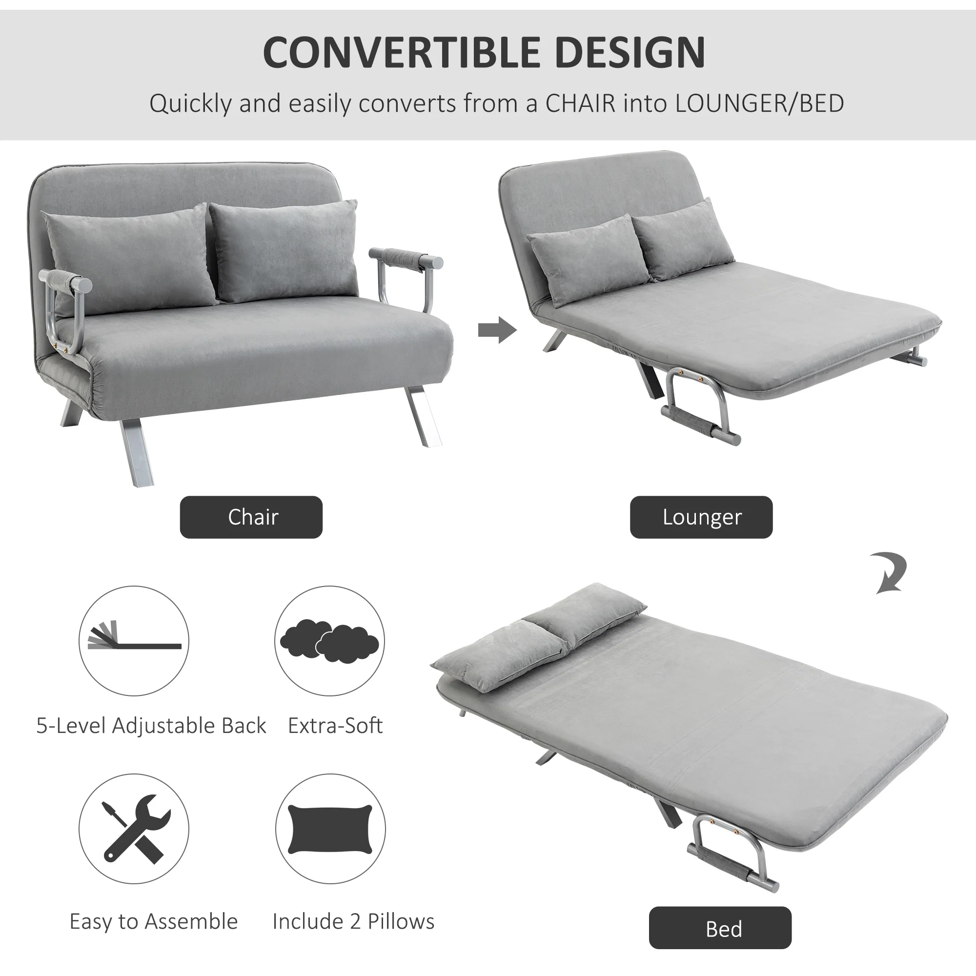 HOMCOM Fabric Convertible 2 Seater Sofa Bed W/ 2 Pillows, Light Grey - Image 4