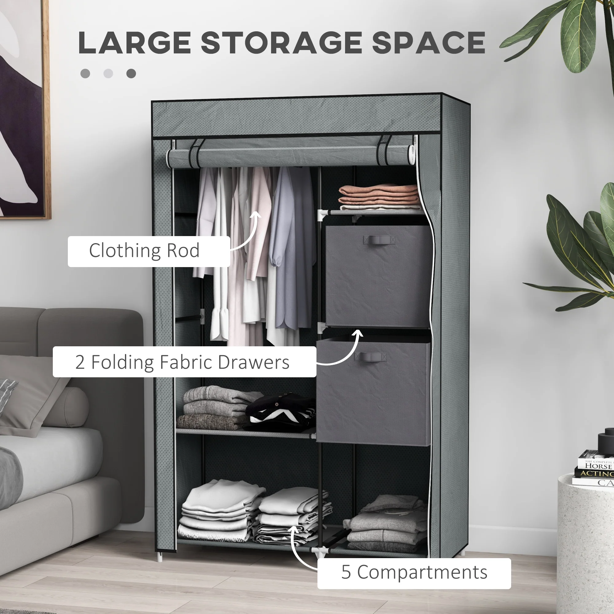 HOMCOM Fabric Portable Wardrobe With 2 Fabric Drawers, Hanging Rail, Grey - Image 3