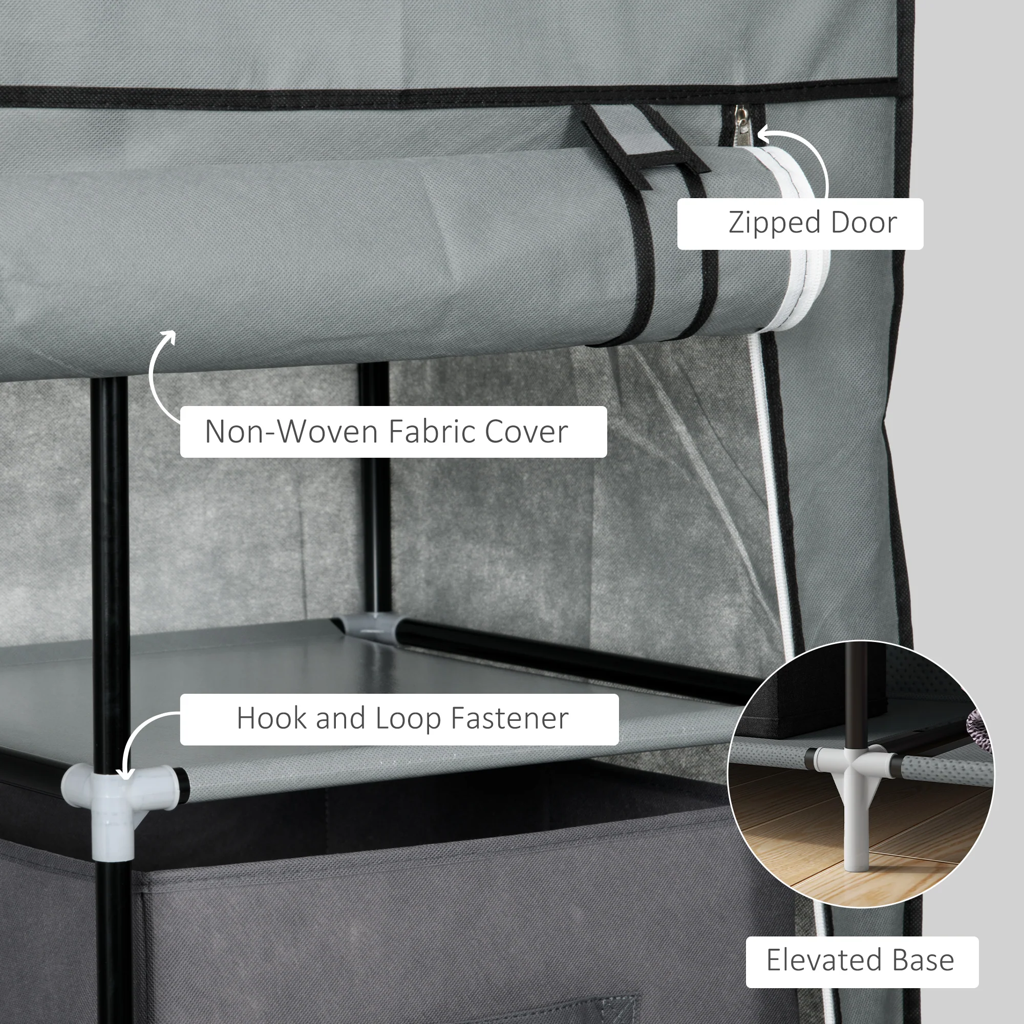 HOMCOM Fabric Portable Wardrobe With 2 Fabric Drawers, Hanging Rail, Grey - Image 4