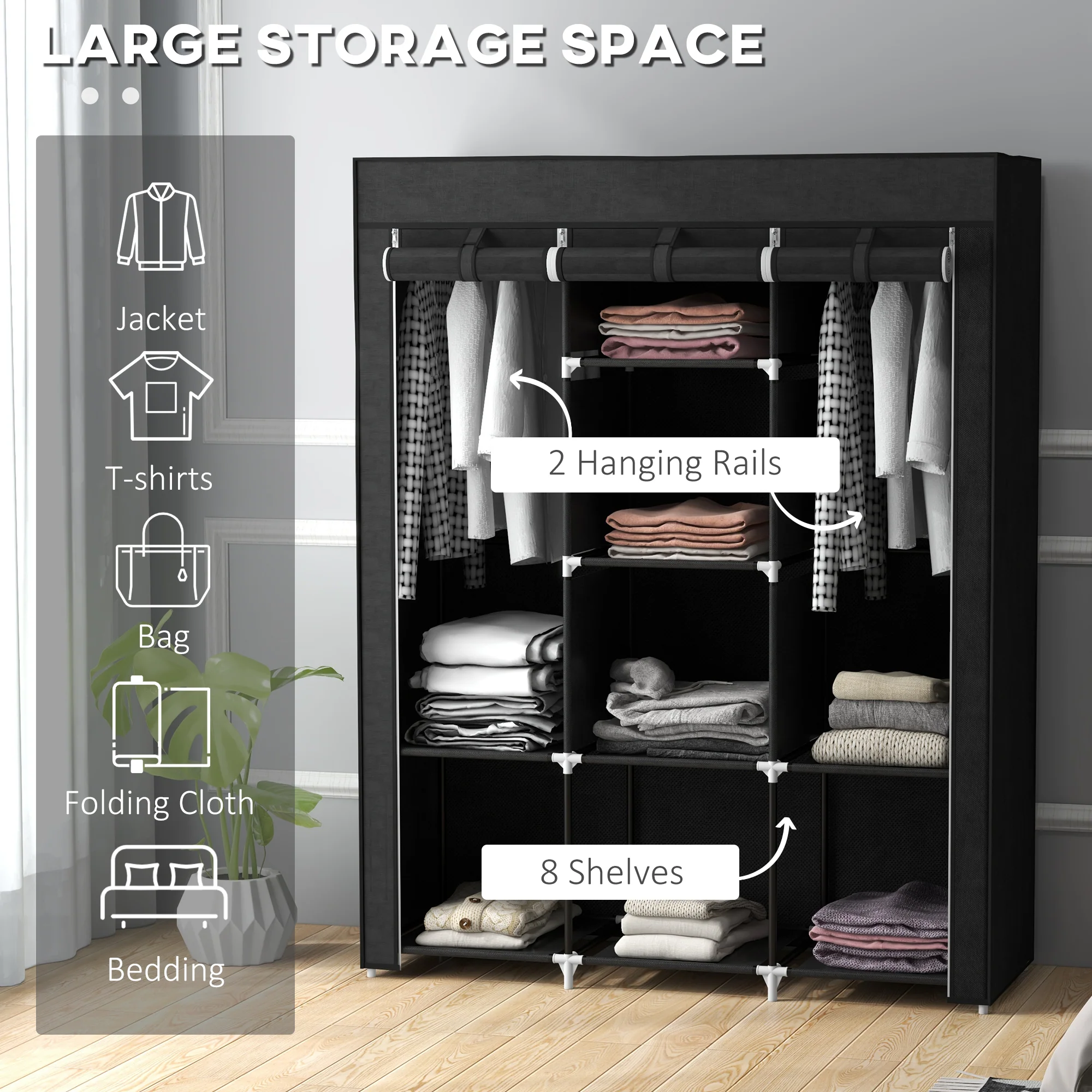 HOMCOM Fabric Portable Wardrobe with 8 Shelves 2 Hanging Rails - Image 12