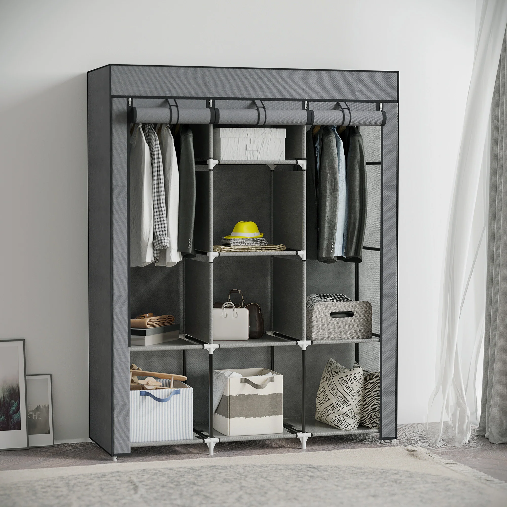 HOMCOM Fabric Portable Wardrobe with 8 Shelves 2 Hanging Rails - Image 20