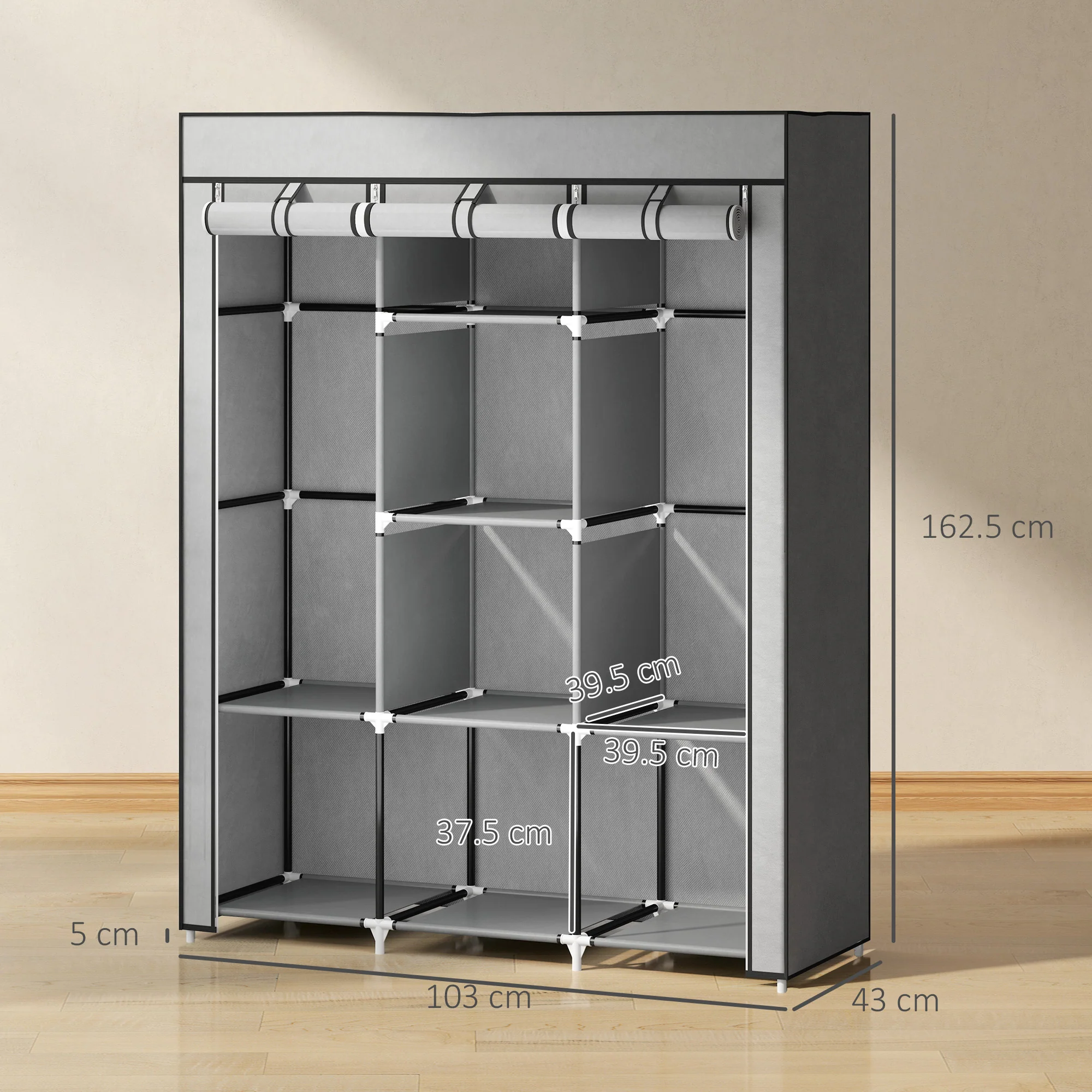 HOMCOM Fabric Portable Wardrobe with 8 Shelves 2 Hanging Rails - Image 41