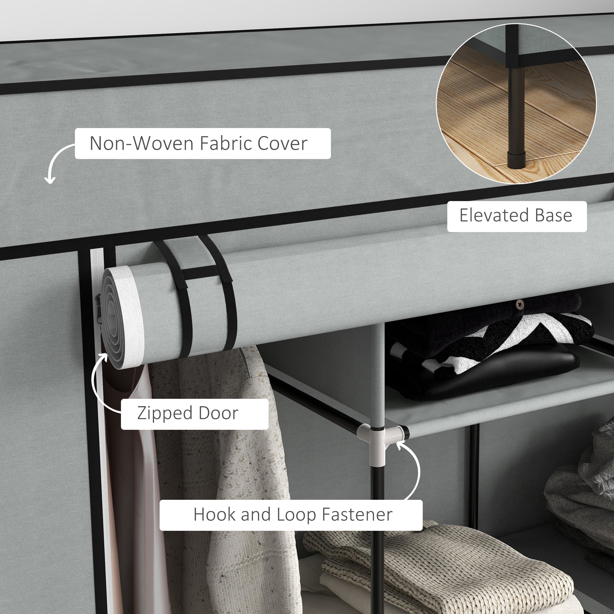HOMCOM Fabric Wardrobe w/ 12 Shelves 2 Hanging Rails Foldable Closets - Image 4