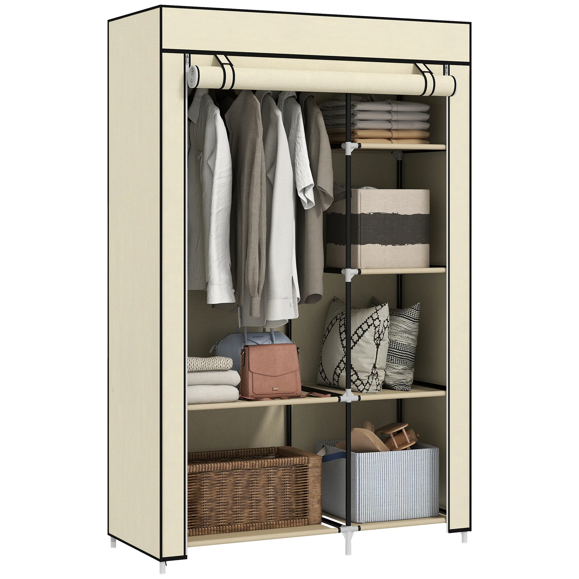 HOMCOM Fabric Wardrobe w/ Shelves Hanging Rail Foldable Closets - Image 10
