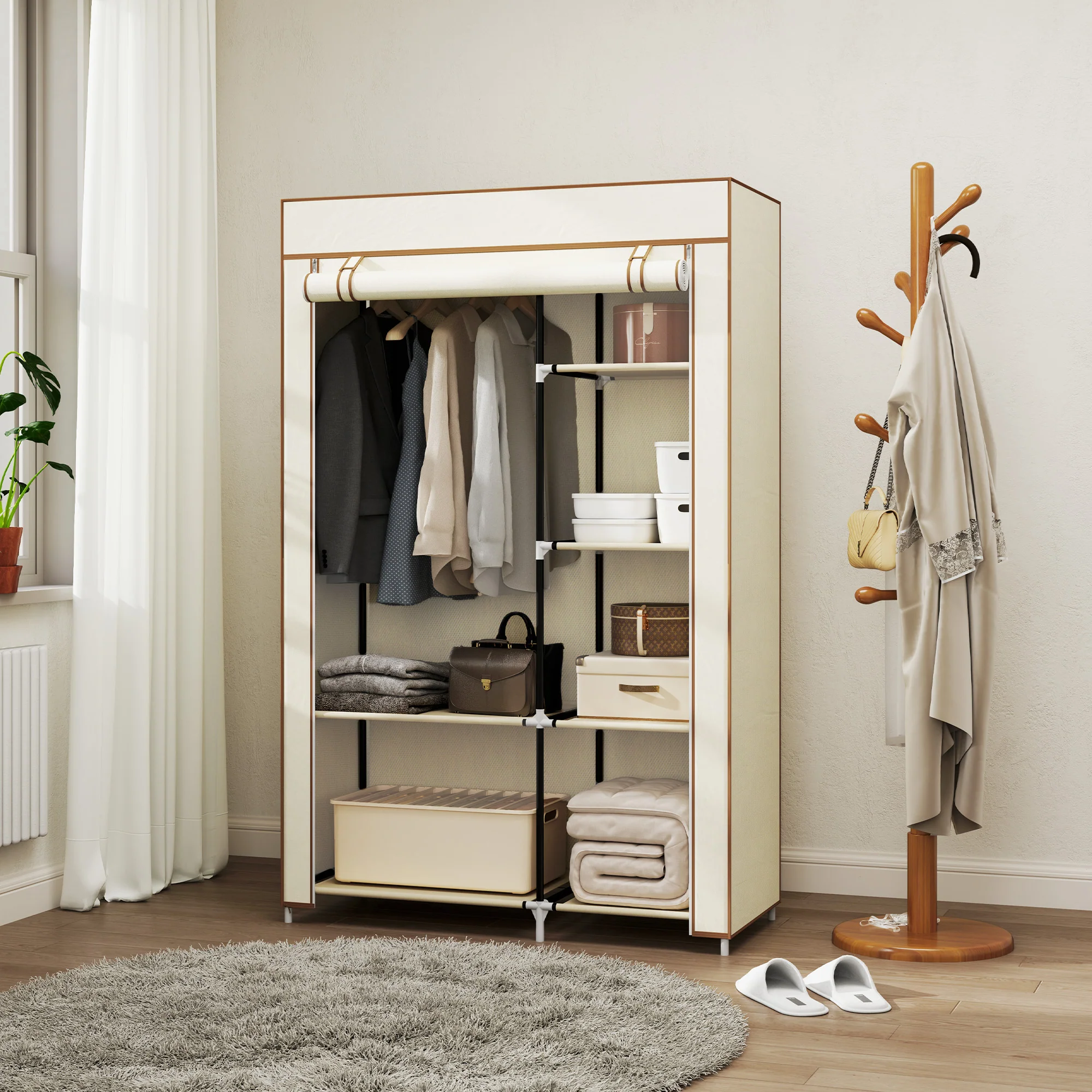 HOMCOM Fabric Wardrobe w/ Shelves Hanging Rail Foldable Closets - Image 11