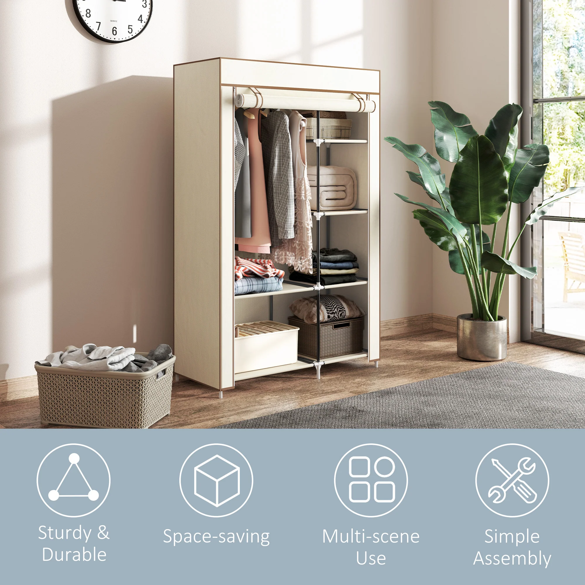 HOMCOM Fabric Wardrobe w/ Shelves Hanging Rail Foldable Closets - Image 15