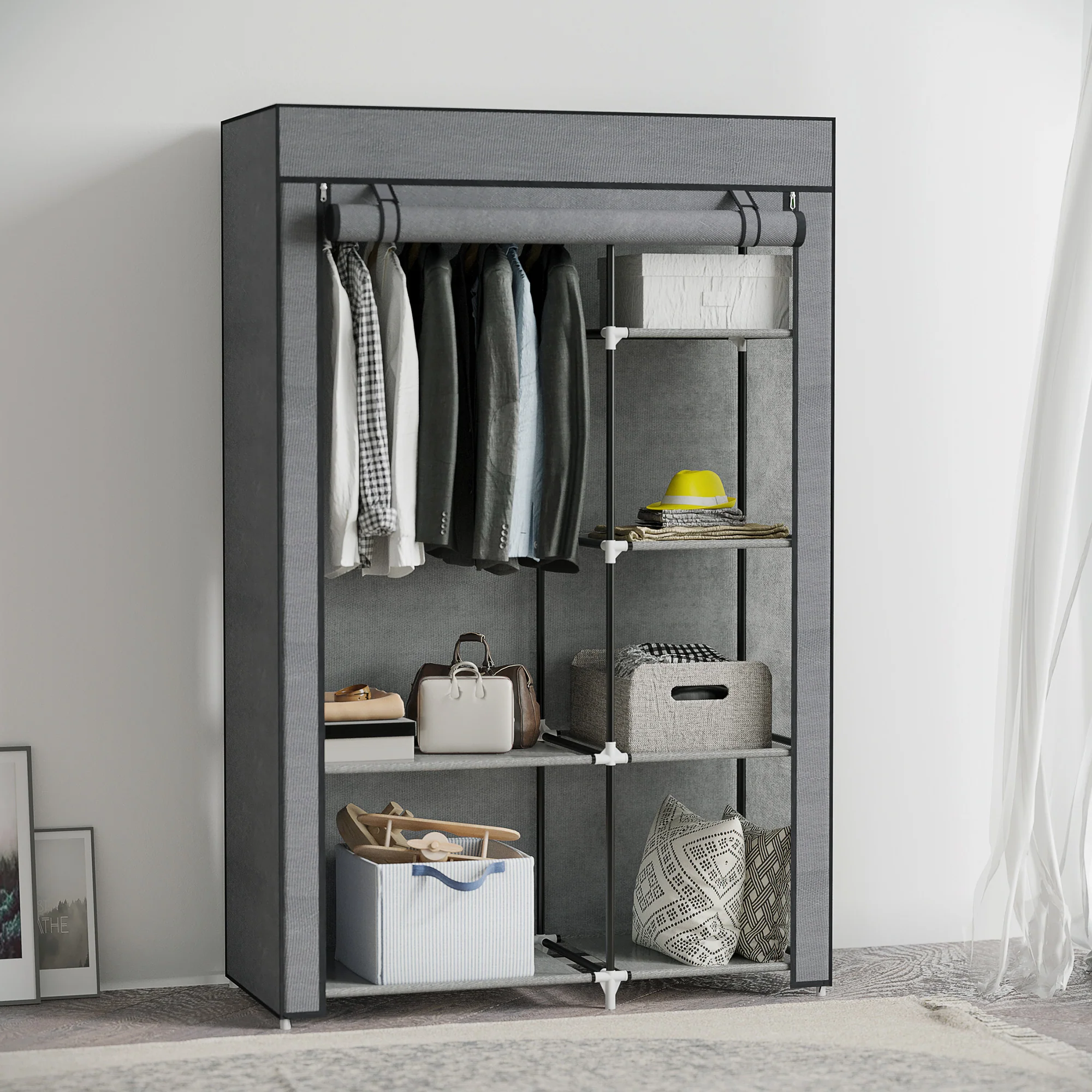 HOMCOM Fabric Wardrobe w/ Shelves Hanging Rail Foldable Closets - Image 2