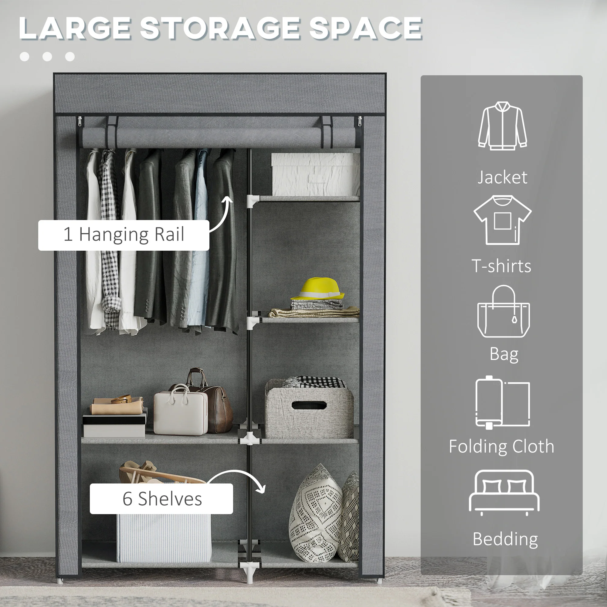 HOMCOM Fabric Wardrobe w/ Shelves Hanging Rail Foldable Closets - Image 3