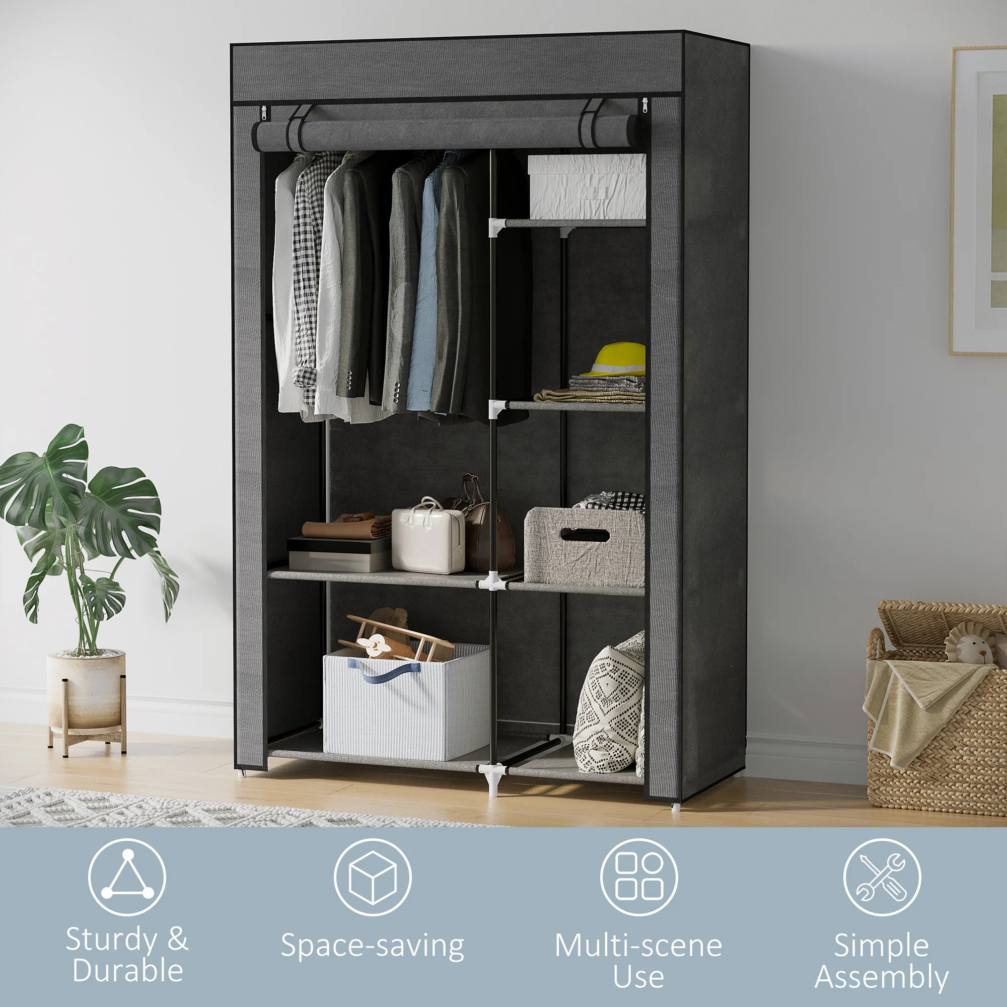 HOMCOM Fabric Wardrobe w/ Shelves Hanging Rail Foldable Closets - Image 6