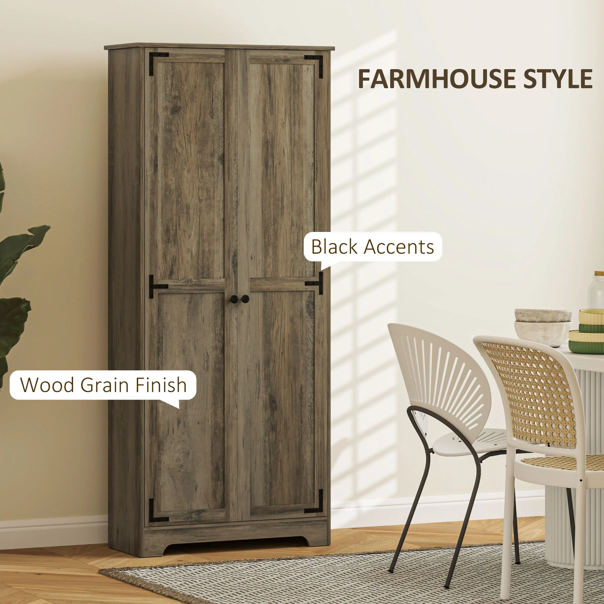 HOMCOM Farmhouse Kitchen Cupboard, Kitchen Cabinet, Grey Wood-Effect - Image 3