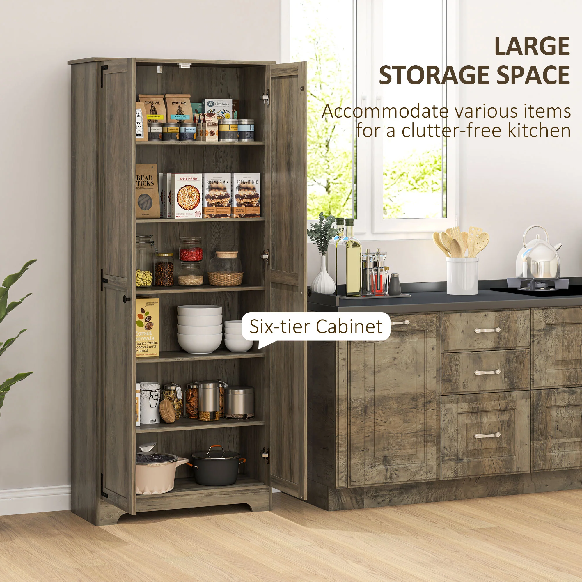 HOMCOM Farmhouse Kitchen Cupboard, Kitchen Cabinet, Grey Wood-Effect - Image 4