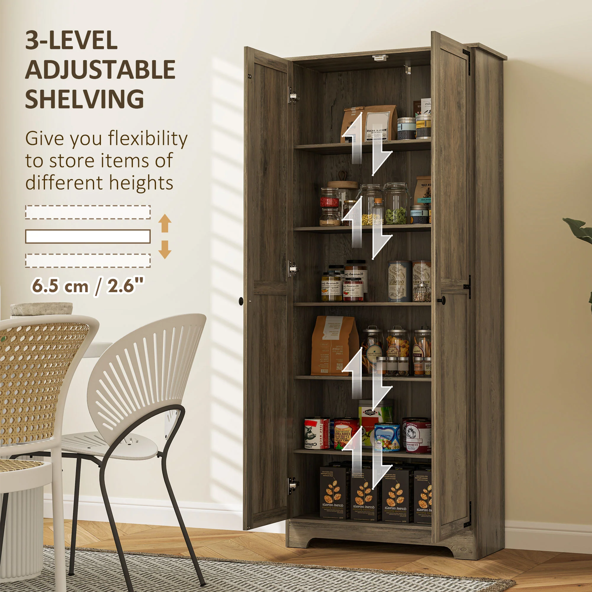 HOMCOM Farmhouse Kitchen Cupboard, Kitchen Cabinet, Grey Wood-Effect - Image 6