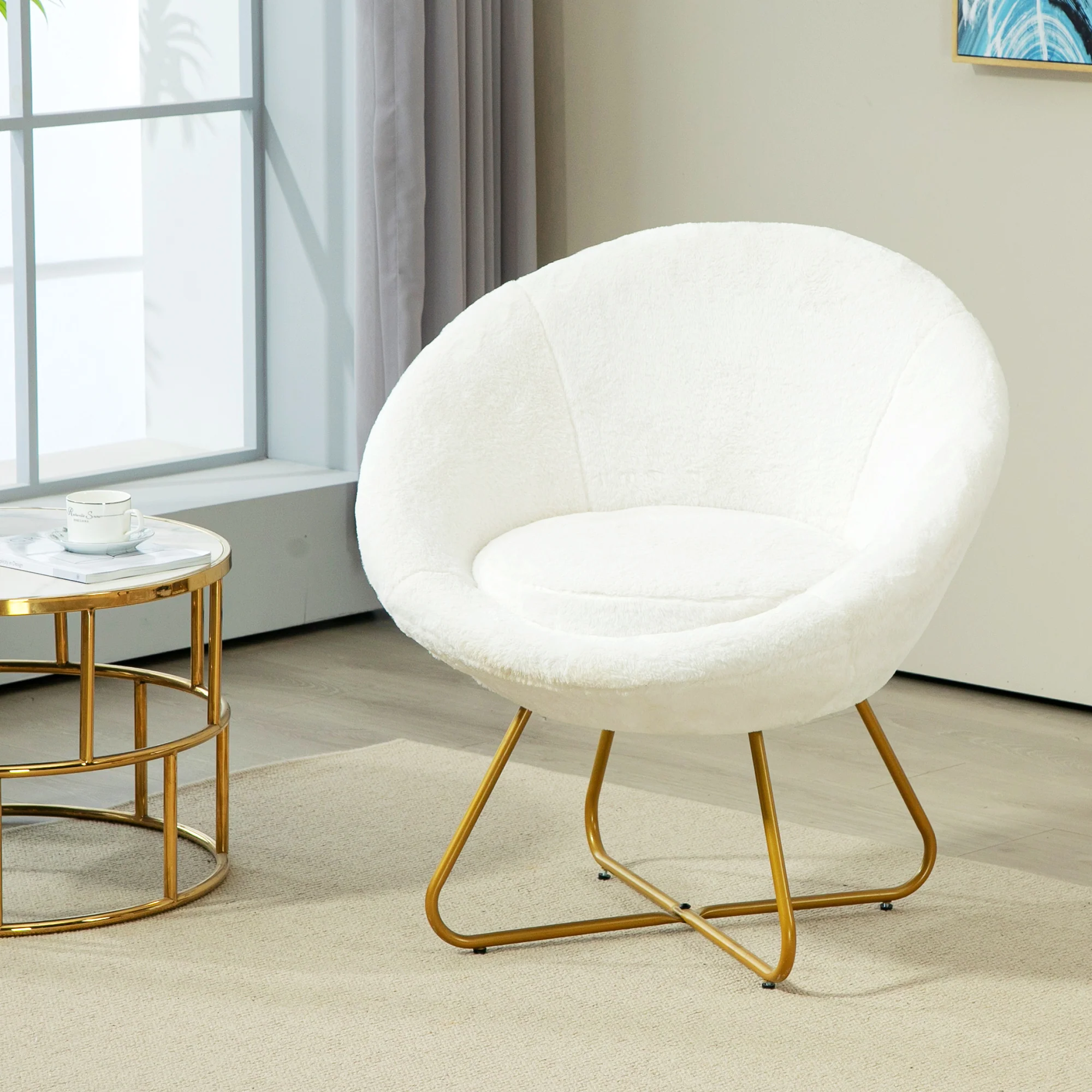 HOMCOM Faux Fur Comfy Chair with Golden Metal Legs, Non-Slip Footpad, White - Image 2