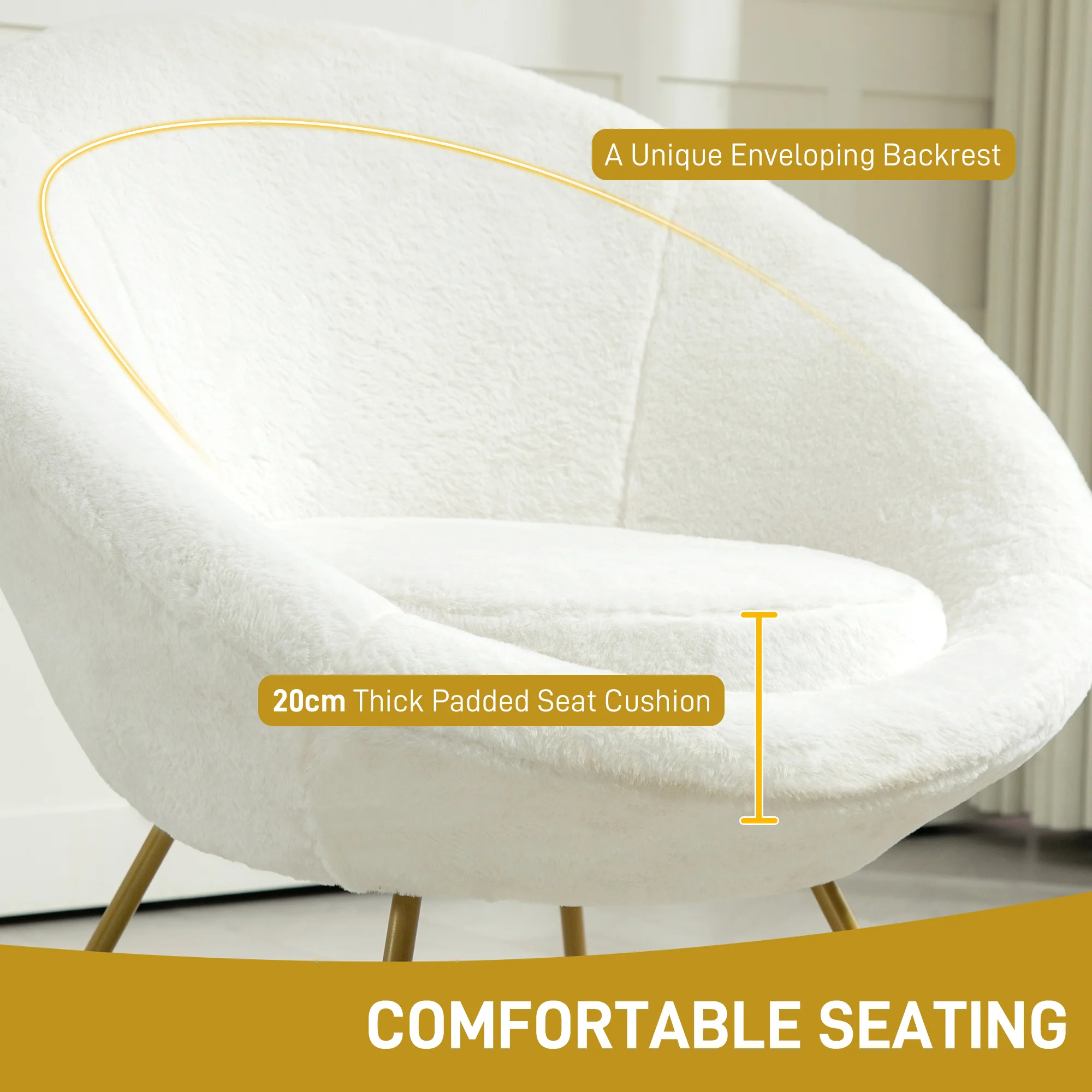 HOMCOM Faux Fur Comfy Chair with Golden Metal Legs, Non-Slip Footpad, White - Image 4
