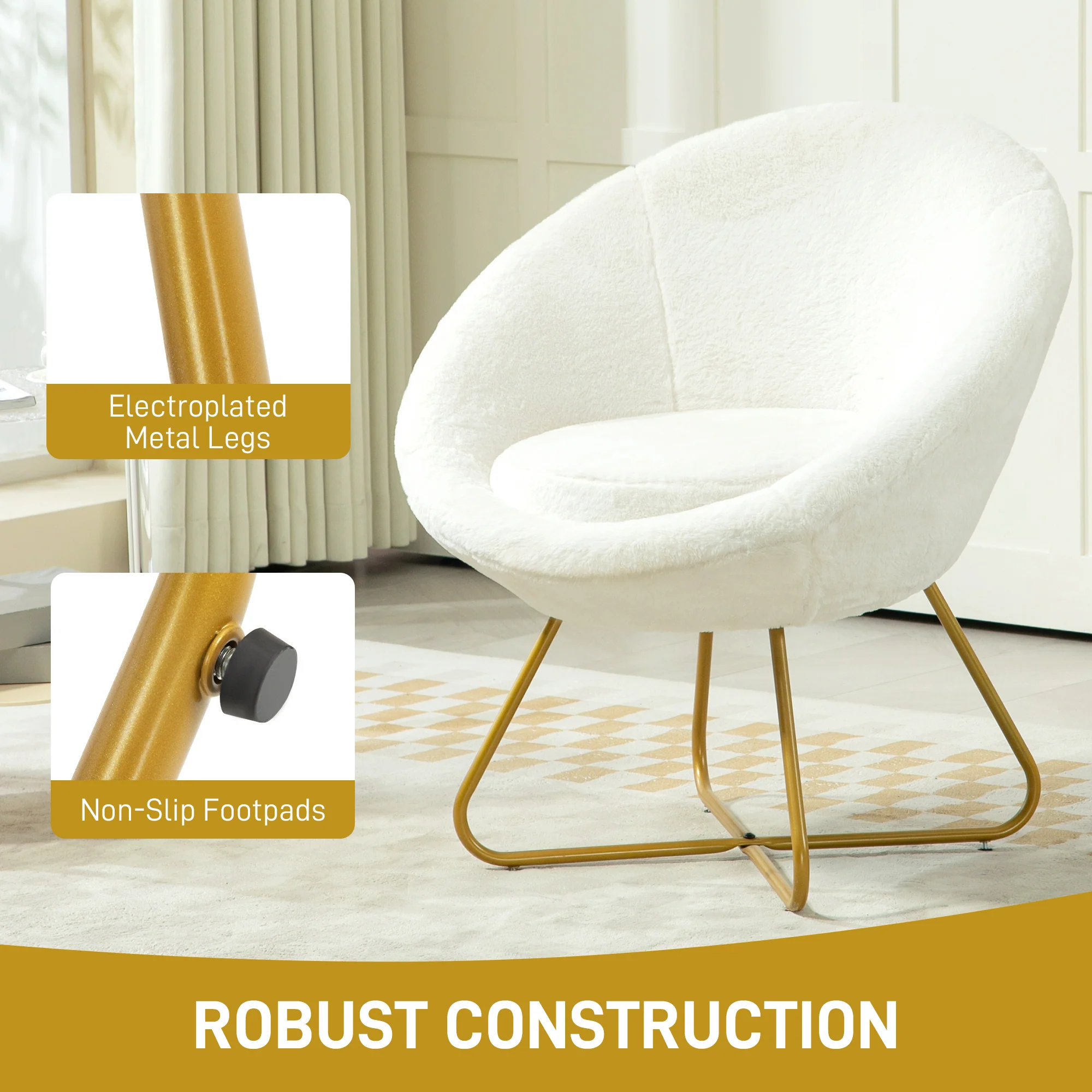 HOMCOM Faux Fur Comfy Chair with Golden Metal Legs, Non-Slip Footpad, White - Image 6