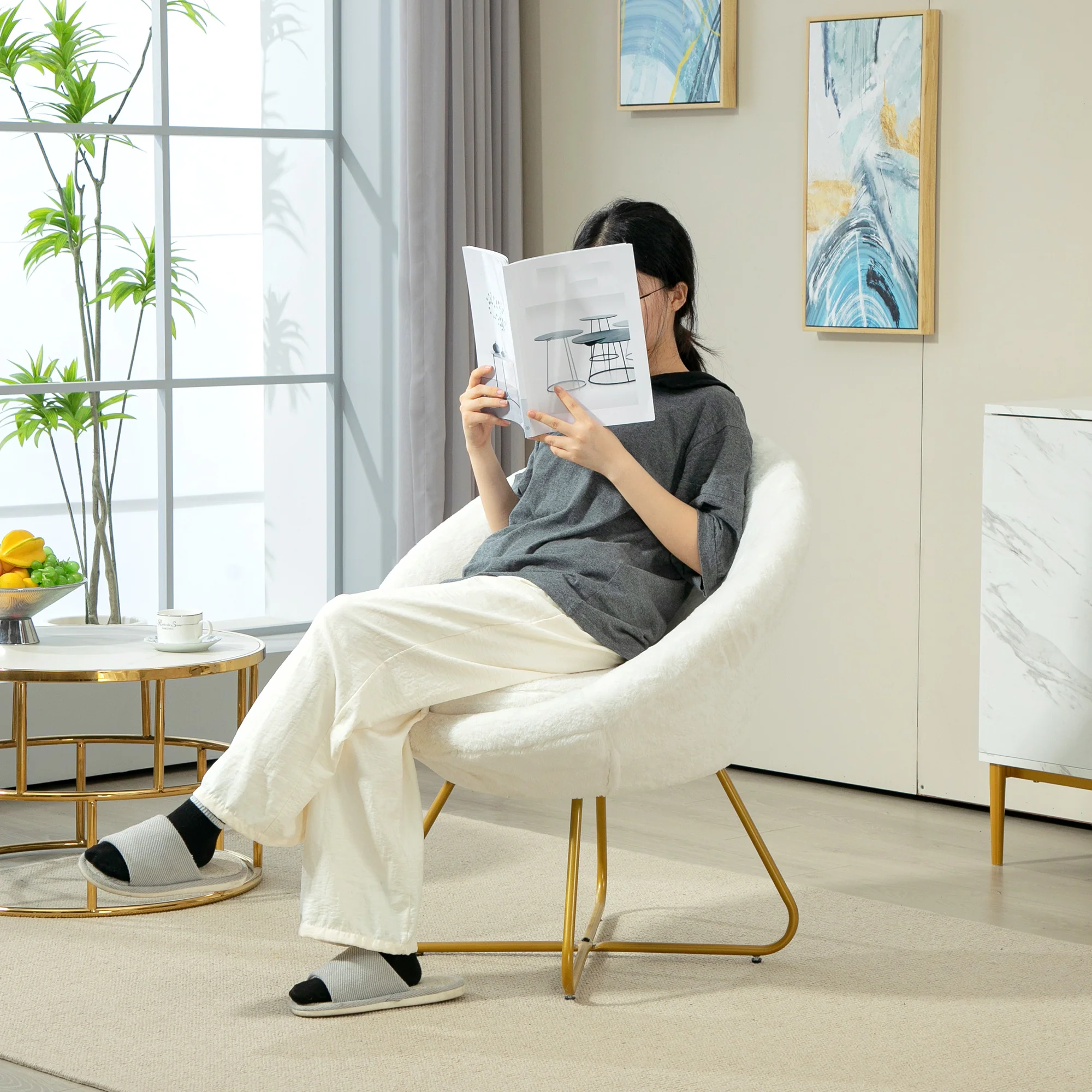 HOMCOM Faux Fur Comfy Chair with Golden Metal Legs, Non-Slip Footpad, White - Image 7