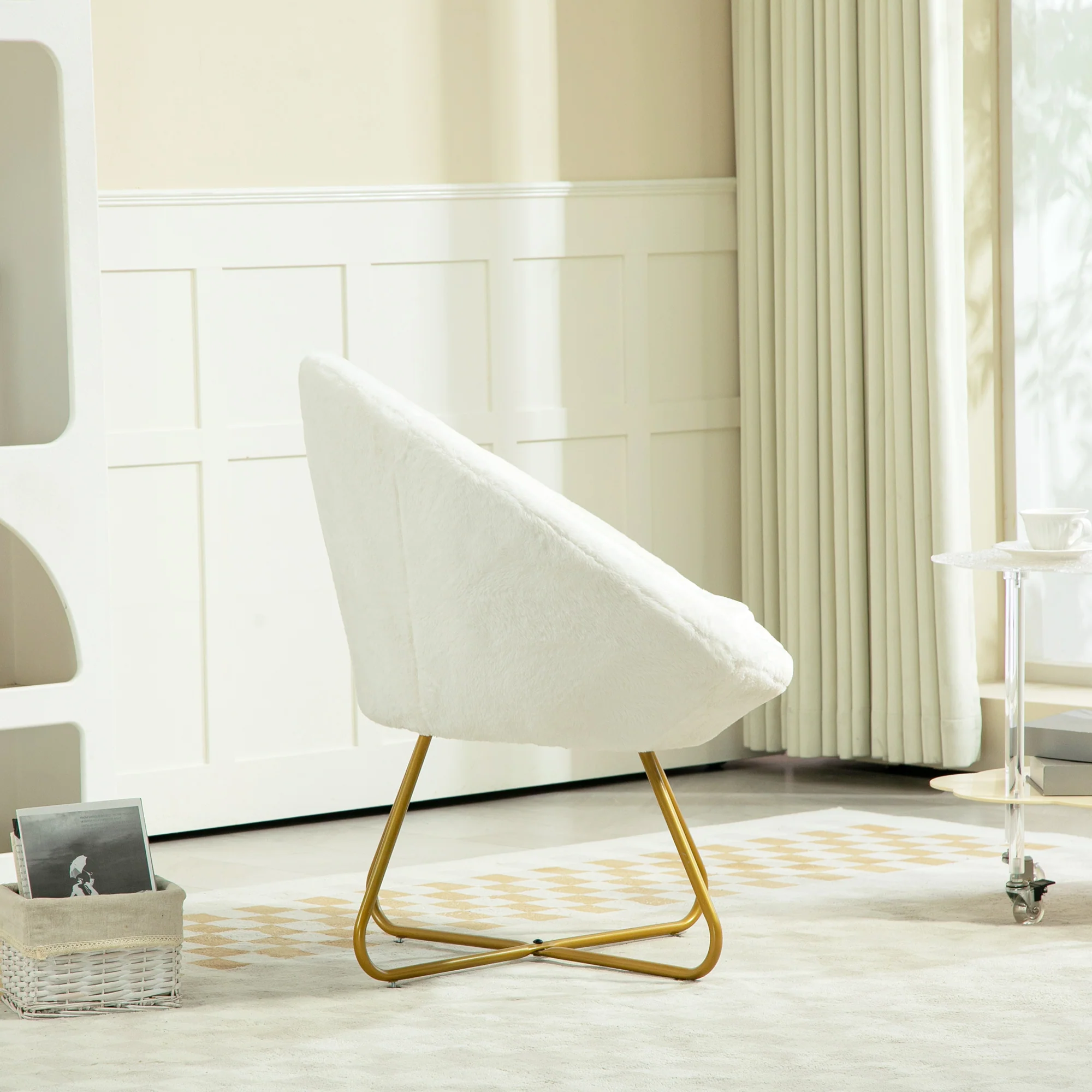 HOMCOM Faux Fur Comfy Chair with Golden Metal Legs, Non-Slip Footpad, White - Image 8