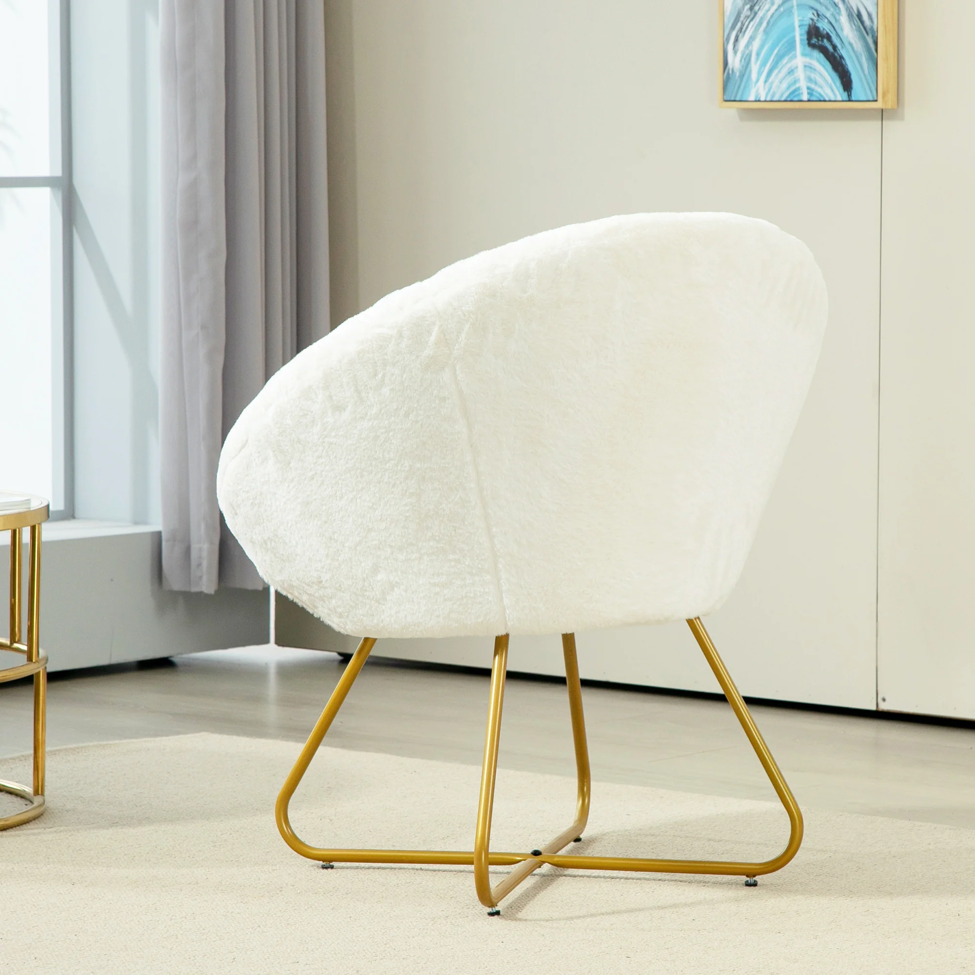 HOMCOM Faux Fur Comfy Chair with Golden Metal Legs, Non-Slip Footpad, White - Image 9